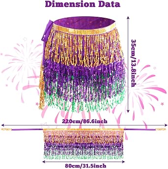 SUMERSHA 3pcs Mardi Gras Costume Accessory Set, Women's Sequins Tassel Wrap Skirt, Feather Headband, Sequin Mask for Carnival Halloween Party