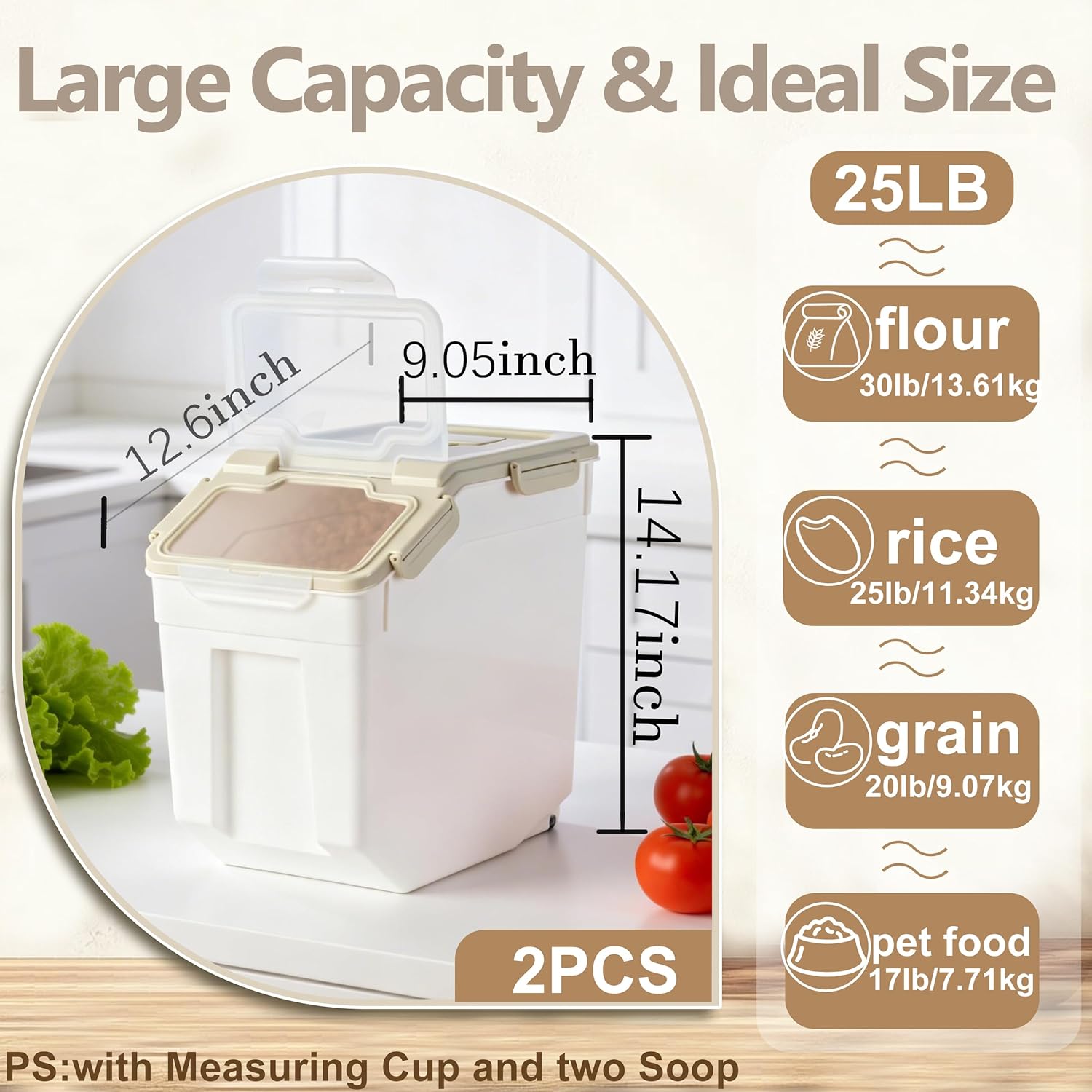 RUIAN 2Pcs Large Flour Storage Container Bin 25Lb Airtight Rice Storage Containers with Wheels Seal Locking Lid, BPA Free with Measuring Cup&Scoop for Flour, Rice, Grain 50LB Total (Gray)