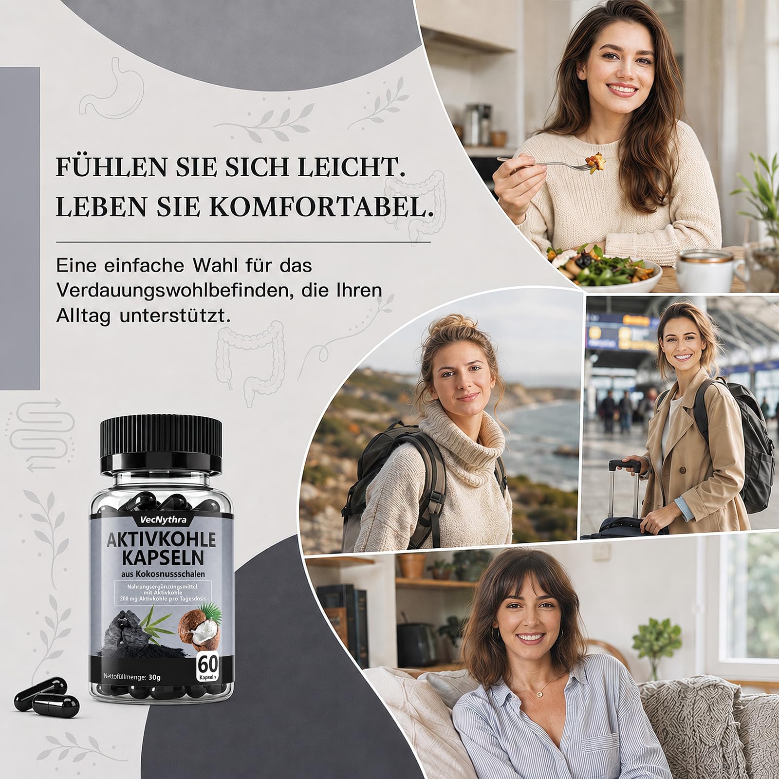 Aktivkohle Kapseln aus Kokosnussschalen, 200 mg Aktivkohle, 60 Kapseln