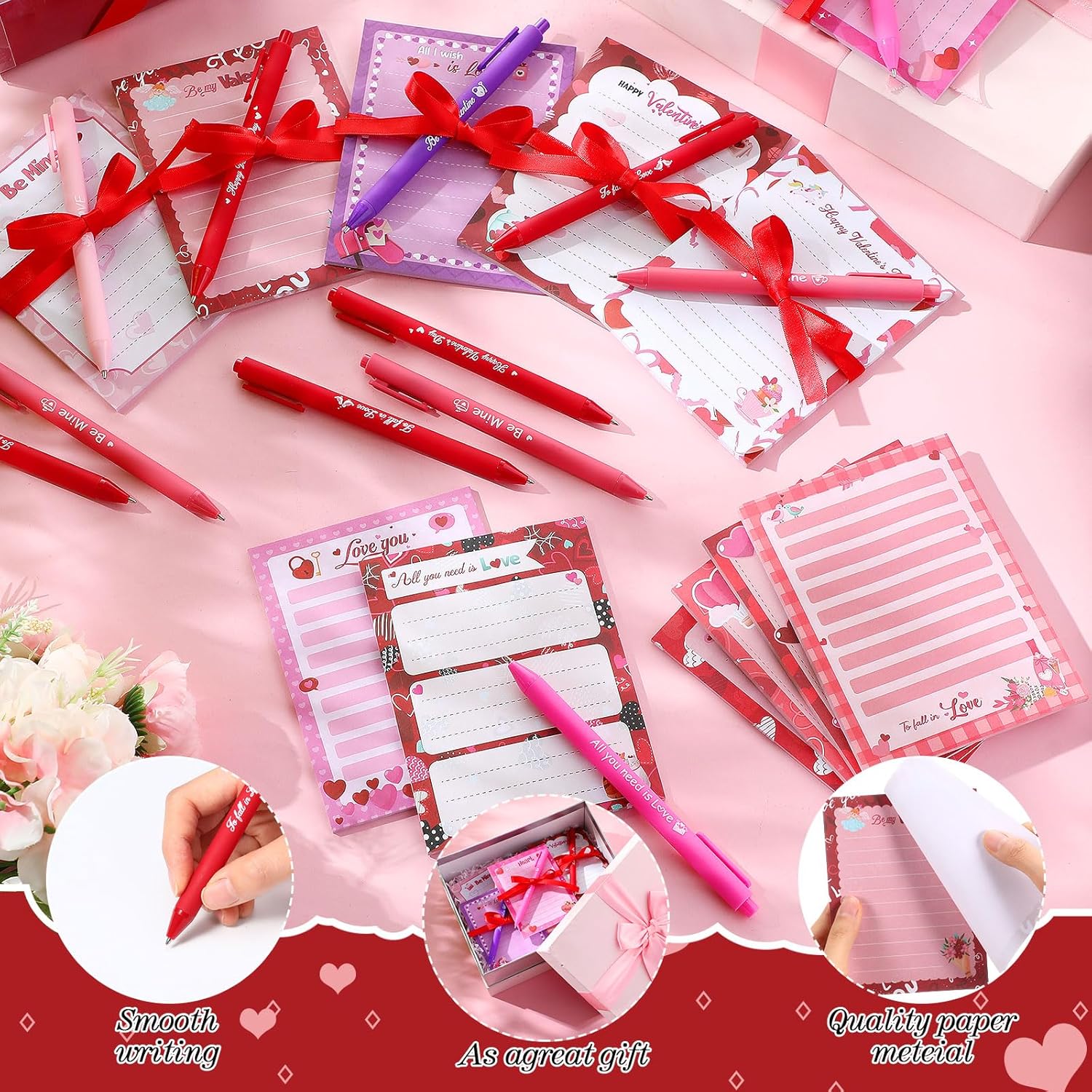 Spakon 36 Pcs Valentine's Day Sticky Notes with Pen and Ribbon Valentine Notepads and Pens Set Valentine Heart Self Adhesive Memo Pads for School Office Home Supplies Classroom Gift Party Favors