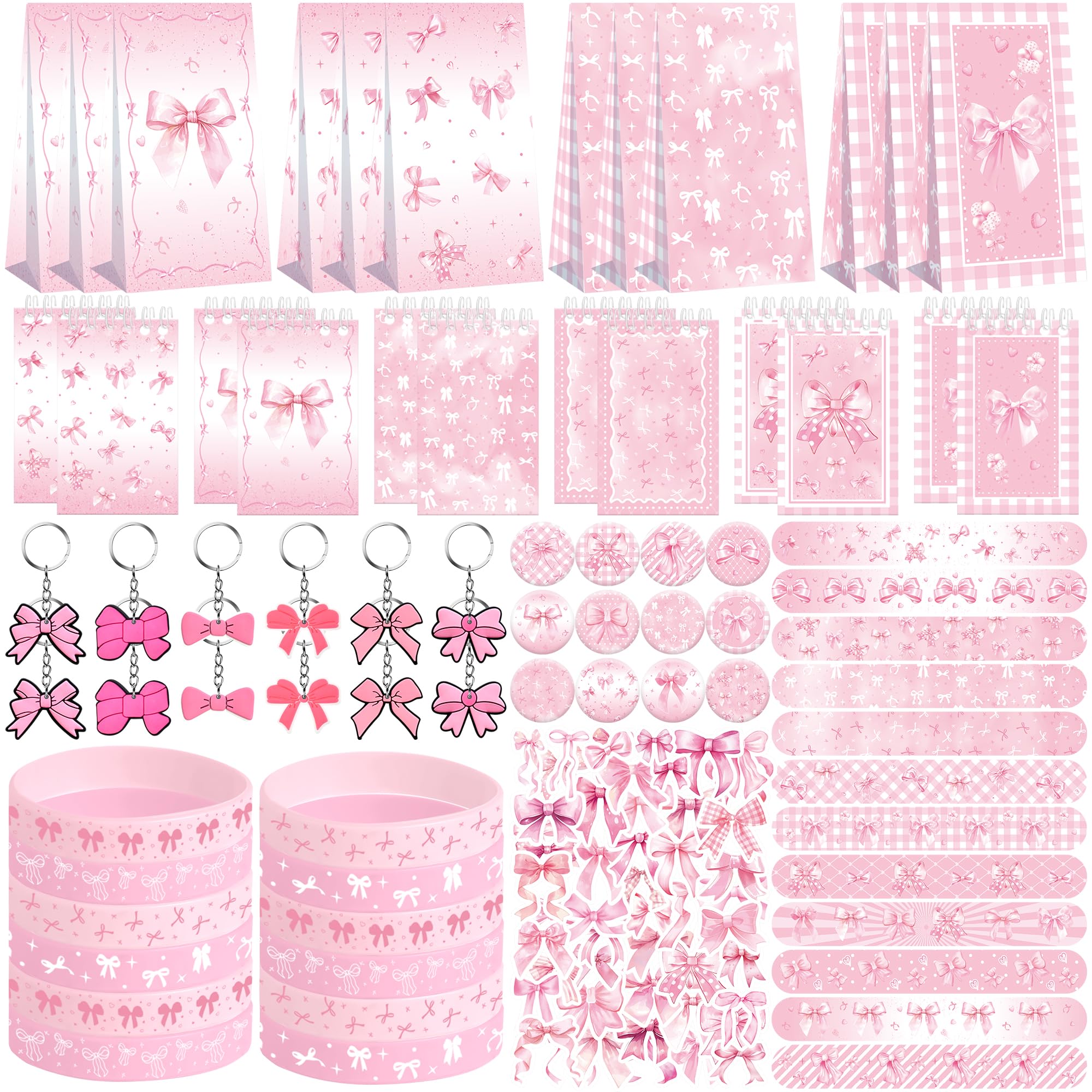 ENCETARDE Pink Bow Party Favors, 12 Goodie Bags, 12 Mini Notepads, 12 Rubber Bracelets, 50 Stickers, 12 Keychain, 12 Button Badges, 12 Slap Bracelets for Coquette Birthday Decoration, 122PCS