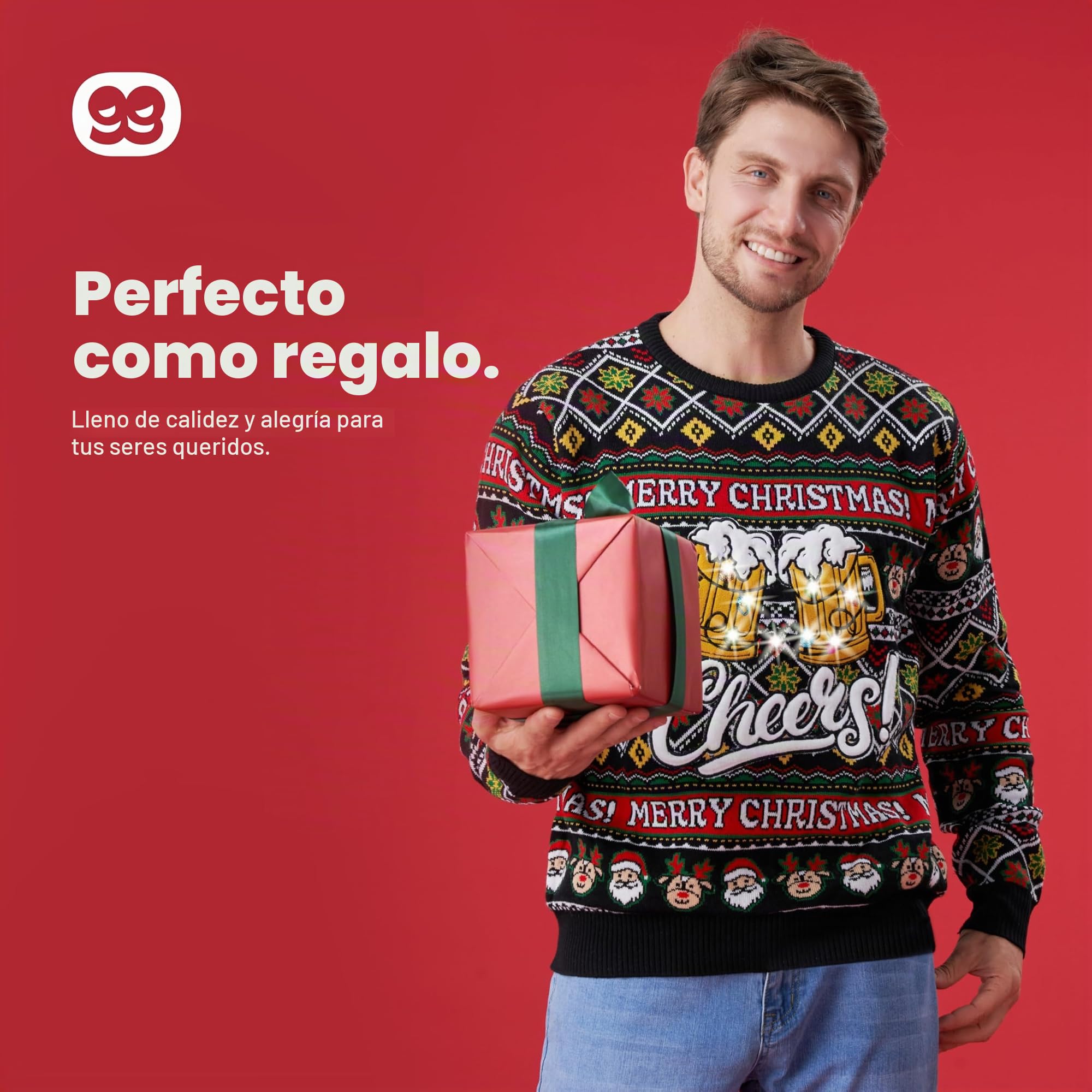 Giggling Getup Suéter de Navidad feo brillante para hombre, divertido y feo suéter navideño con luces LED, suéter de vacaciones de Navidad en negro