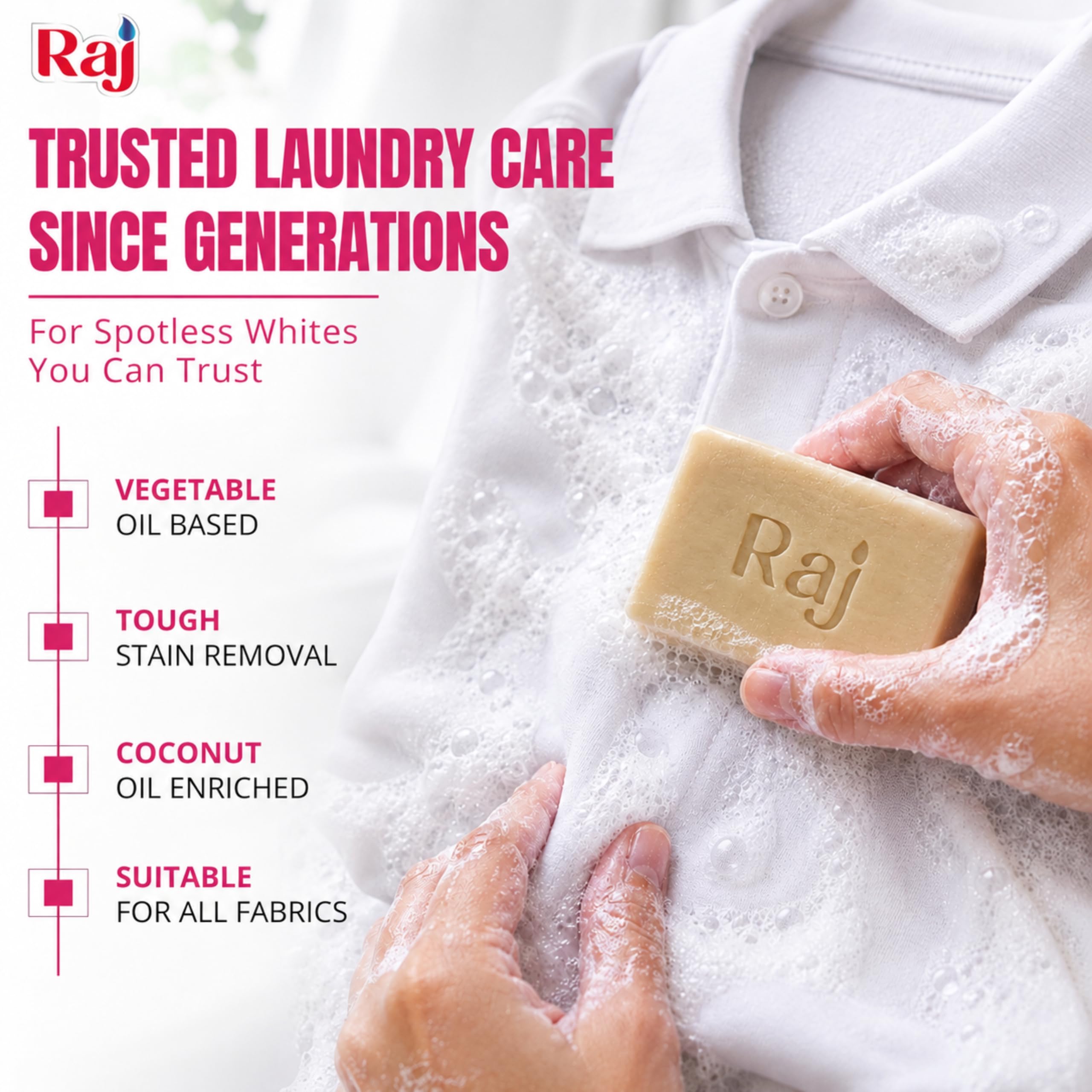 RAJ Washing Soap | Trusted Since 1956 | Long-Lasting & Affordable | Natural Coconut-Based Cleaner | Works in Hard Water | Skin & Fabric Safe | 1 kg 1
