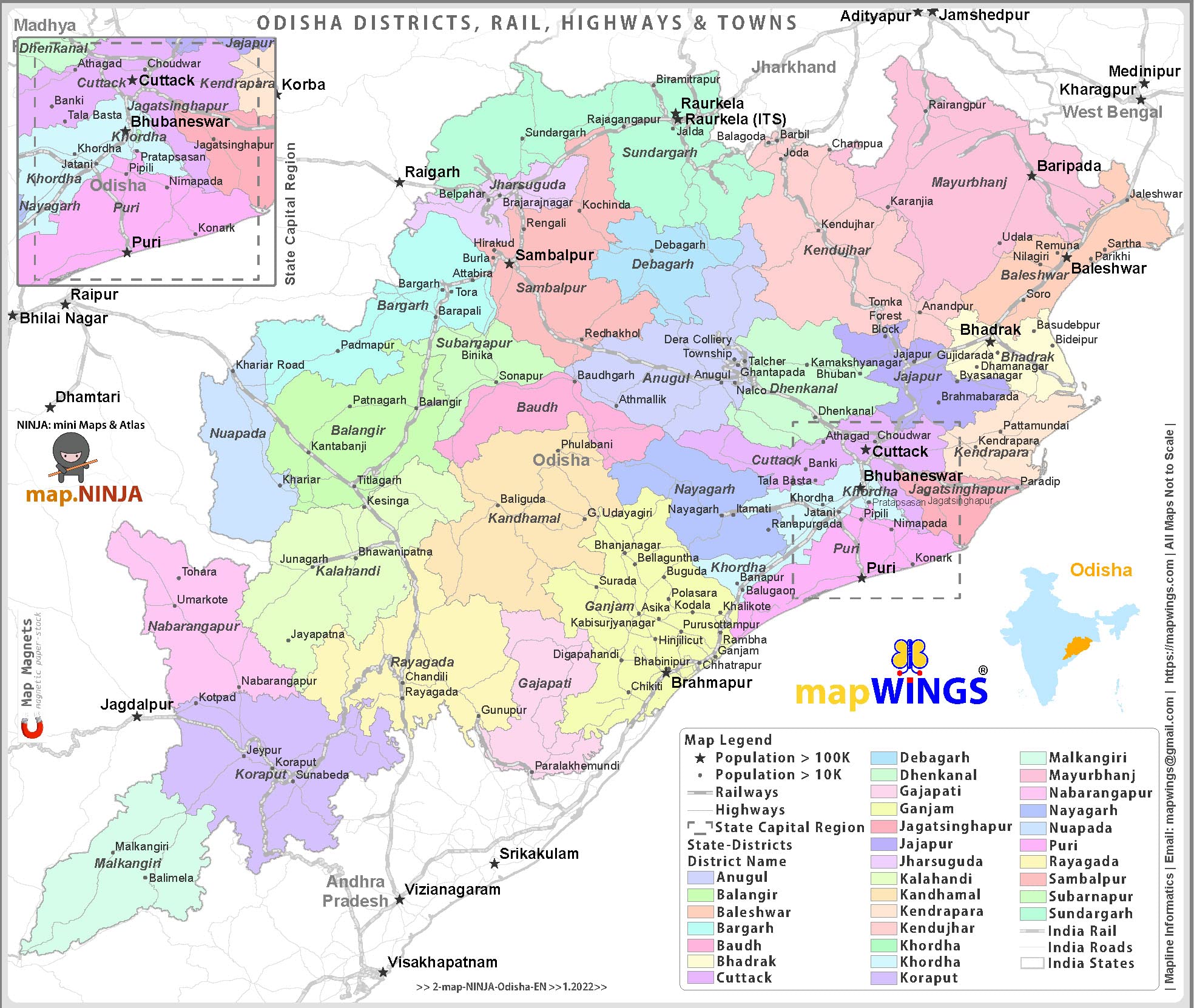 mapWINGS quick-Reference FRIDGE MAGNETS mini-MAP of STATES in INDIA with District Boundaries, KEY Locations, Roads (NH) & Rail (Odisha, 9.5 x 8.5 inches (~A4))