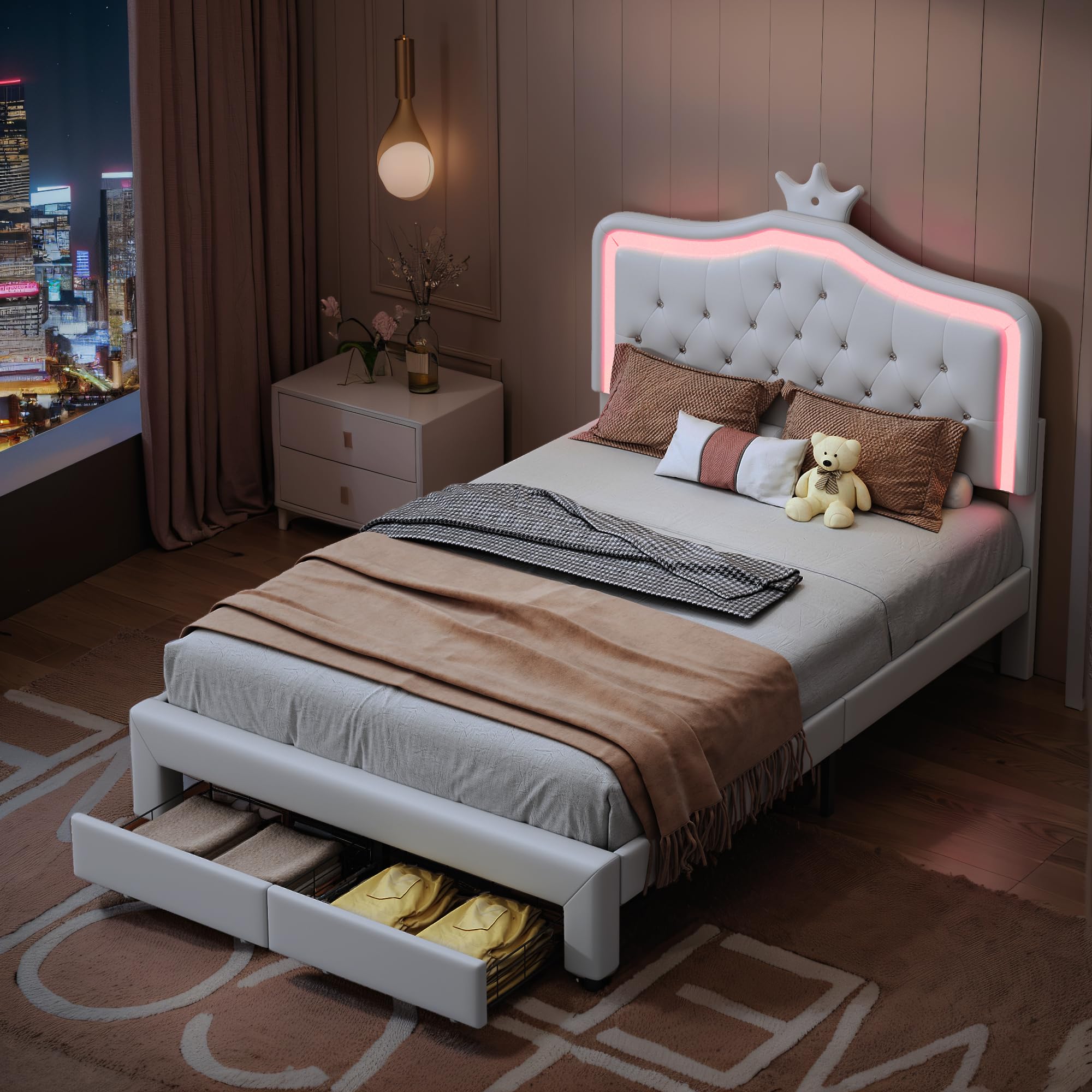 Letto imbottito 140 x 200 cm, letto principesse con illuminazione a LED, Letto matrimoniale con Testiera regolabile a forma di corona, Letto per bambini con rete a doghe e cassetto, senza materasso