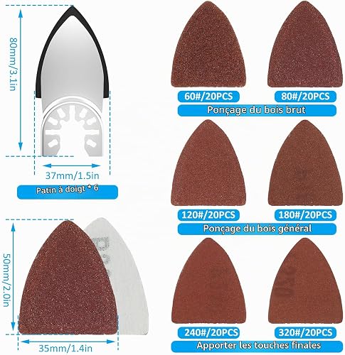 Sutowe 129Pcs Oscillating Multitool Sanding Pad Kit, Universal Finger Sanding Pads 60-320 Grit Triangle Finger Sandpaper Set, Multipurpose Sanding Paper Assortment with 3 Spacer Adapter - 4