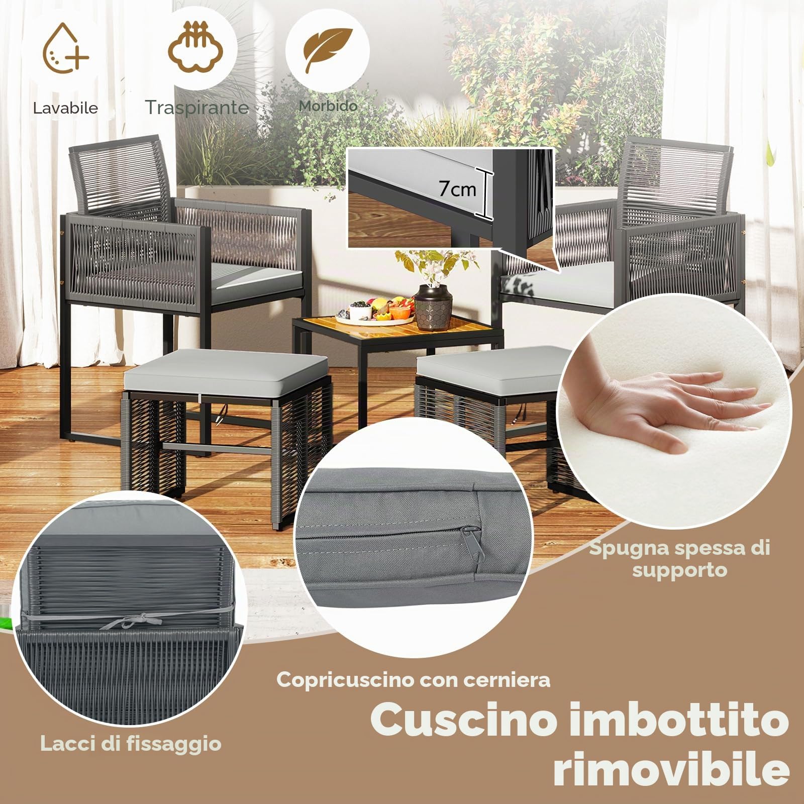 GIANTEX Set di Mobili da Giardino in Rattan per 2-4 Persone, Tavolo da Giardino con Piano in Legno e 2 Sedie (Capacità 180 kg), 2 Sgabelli, 4 Cuscini Rimuovibili, Arredamento da Giardino per Patio