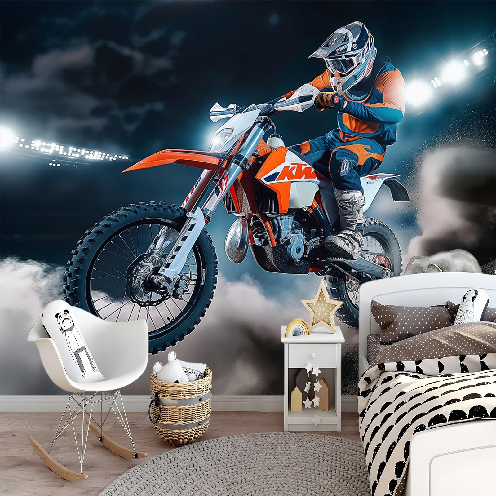 Fototapeta 350 x 256 cm, tapeta z włókniny, niebieska, ekstremalni motocykliści na skałach, nadaje się do dekoracyjnego korektora, salonu, sypialni, ściany tła telewizora