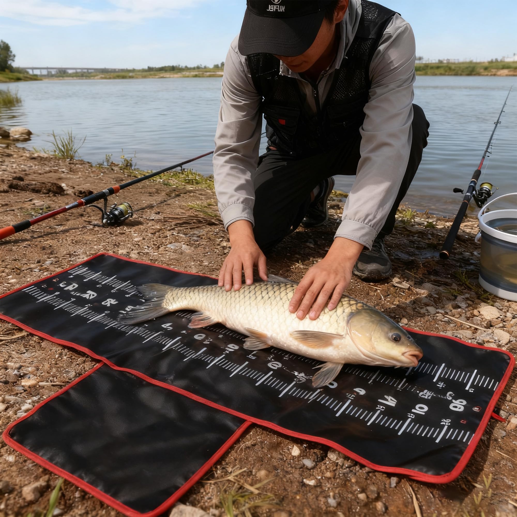 Angeln Enthaken Pad, Abhakmatte Angeln 130 * 35cm, Abhakmatte Angeln, Abhakmatte Angeln, Fishing Fisch-Maßband zum Angeln, Faltbare Karpfenmatte, leicht zusammenrollbar & Kantenschutz
