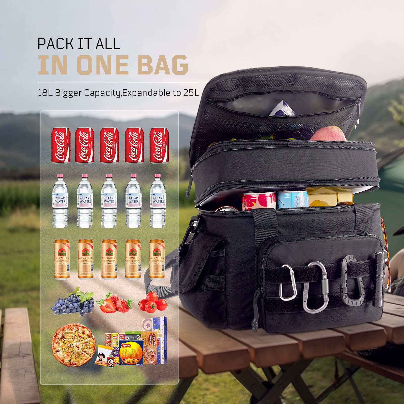 1TG Tactical Insulated Lunch Bag, Expandable Lunch Box for Men, Leakproof Large Cool Bag with Shoulder Stap, Reusable Lunch Tote Bag for Work Travel Camping Picnic Beach, 18L-24L