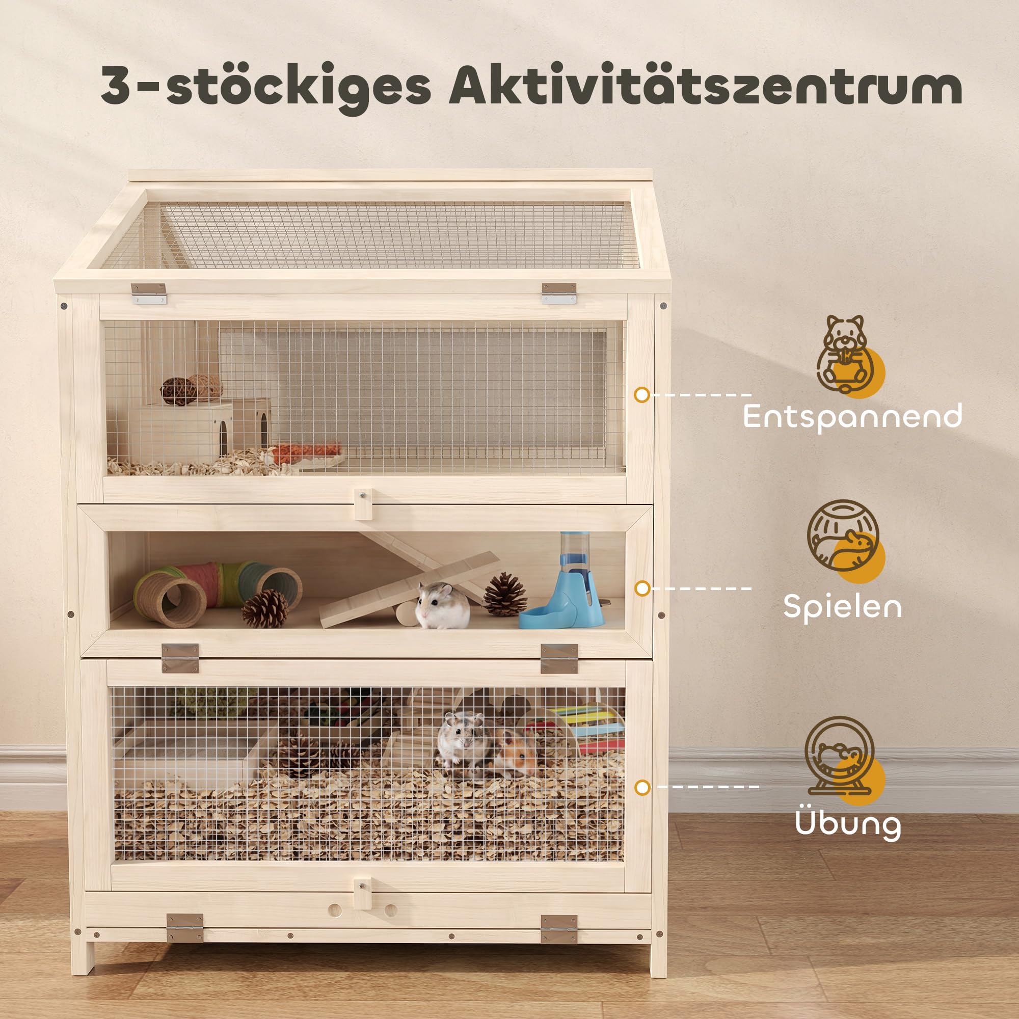 PawHut Klatka dla chomika 3 piętra dla małych 68x61,5x90 cm naturalne | Klatka dla gryzoni, klatka dla małych zwierząt, z domkami, huśtawkami, rampami, miskami na wodę, klatka dla myszy