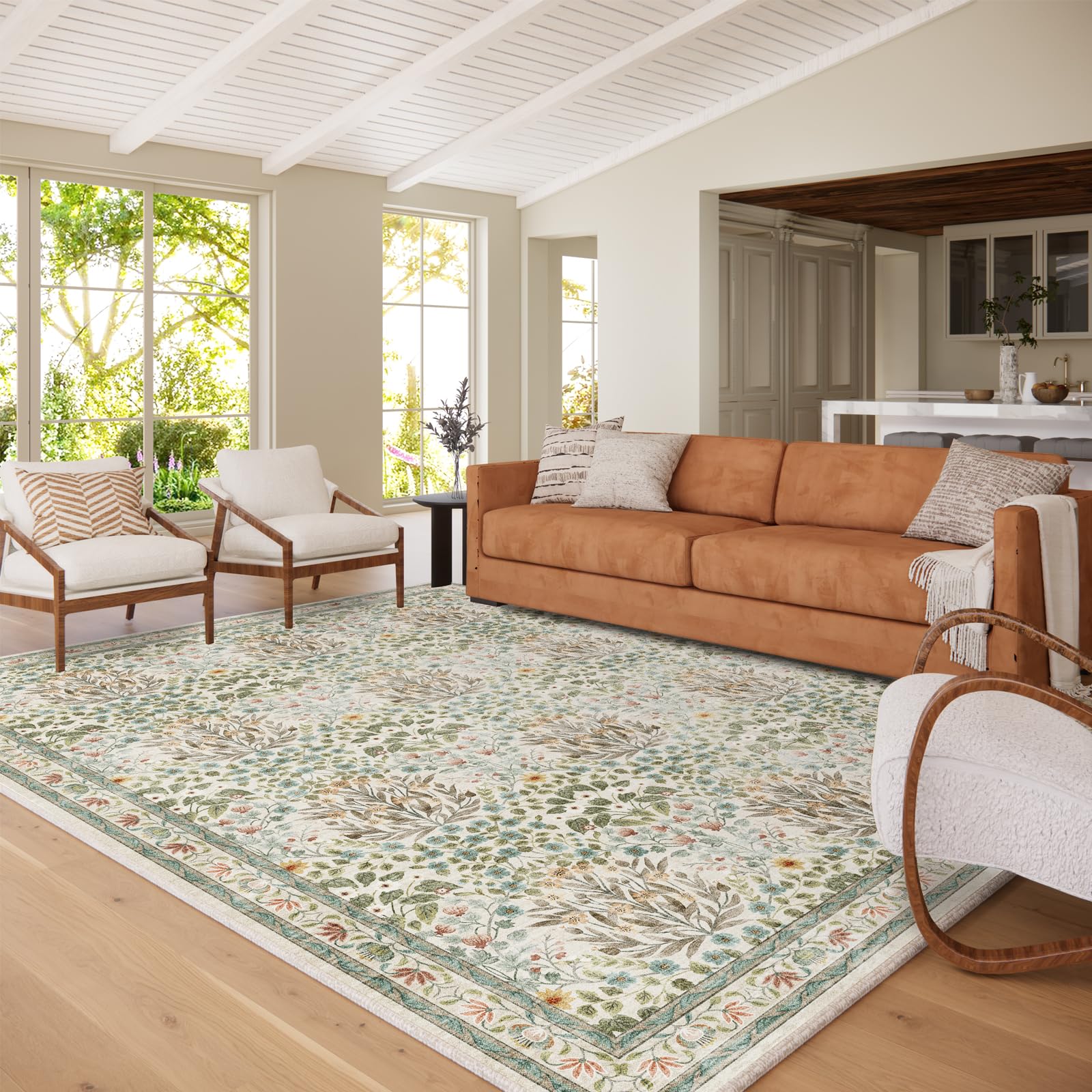 Washable Area Rug 8x10 - Vintage Floral Living Room Rug for Dining Room (Under Table), Bedroom - Stain Resistant, Soft Low Pile, Non-Slip Large Carpet