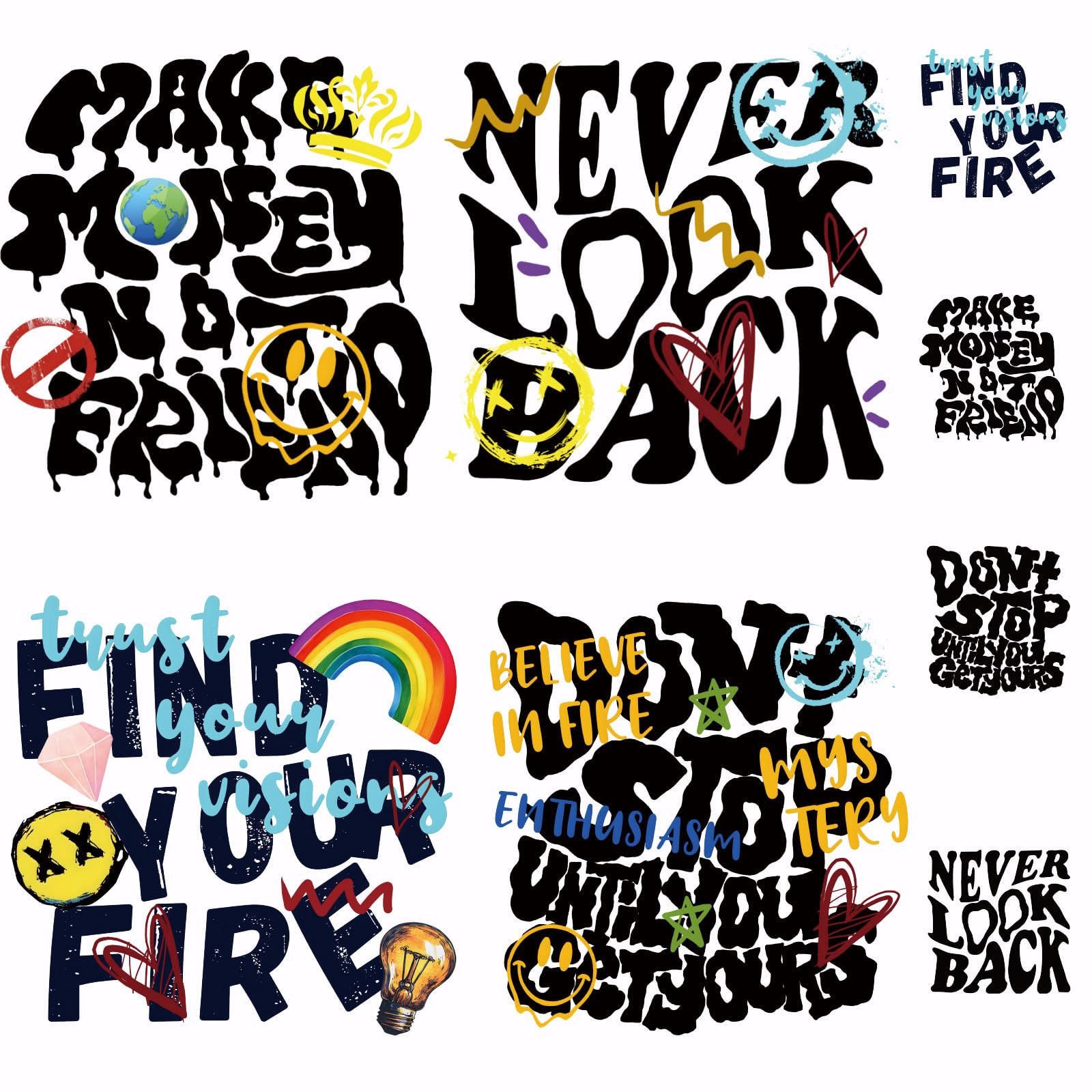 SUPERDANT 8 PCS Graffiti Text Heat Transfer Never Look Back Iron-On Transfers Find Your Fire Iron on Decals Ready to Press for T-Shirt Canvas Bags Jackets Pillow DIY Crafts