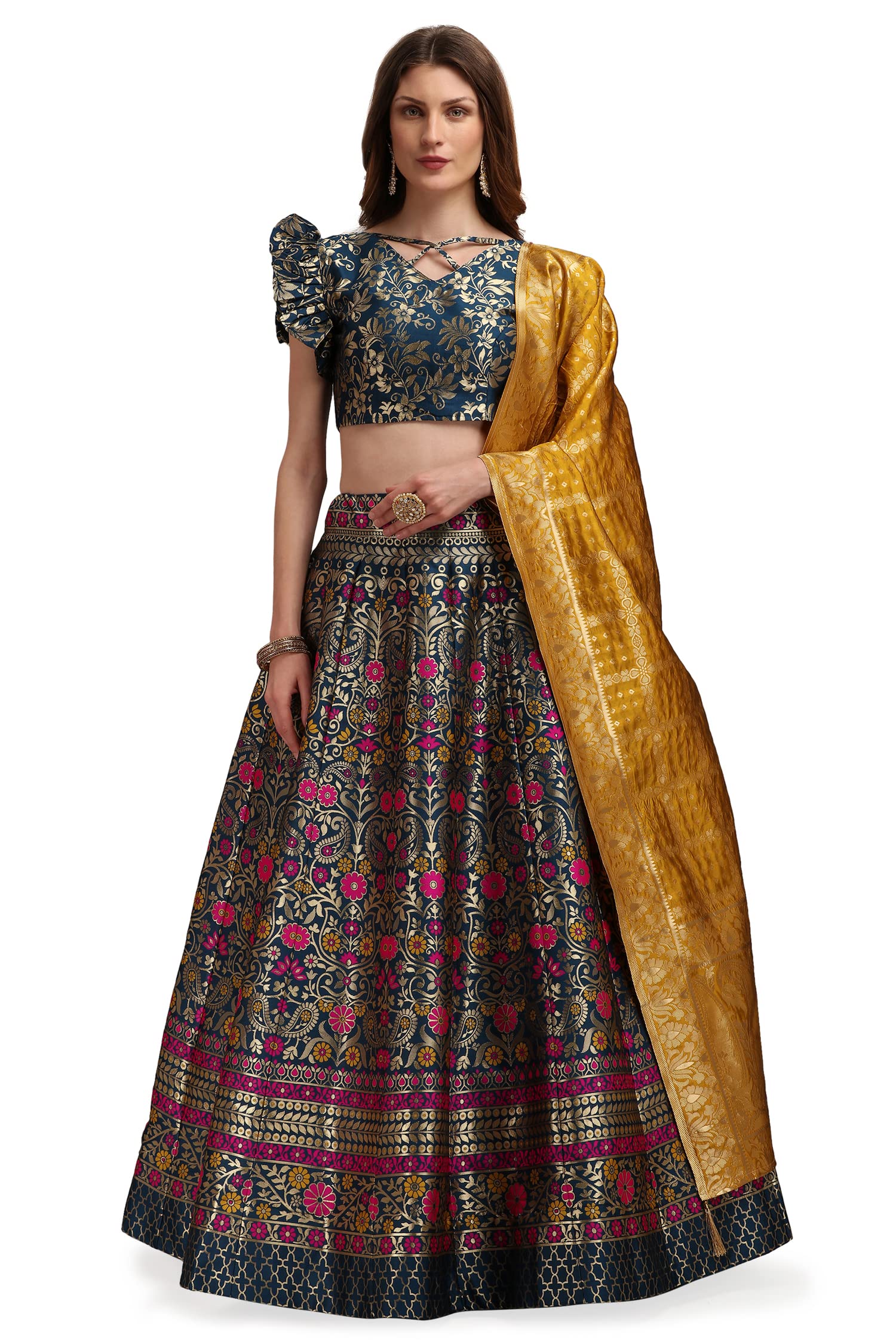 PURVAJA Women's Jacquard Semi-Stitched Lehenga Choli — best lehenga choli for women in India overall (Malika green variant)