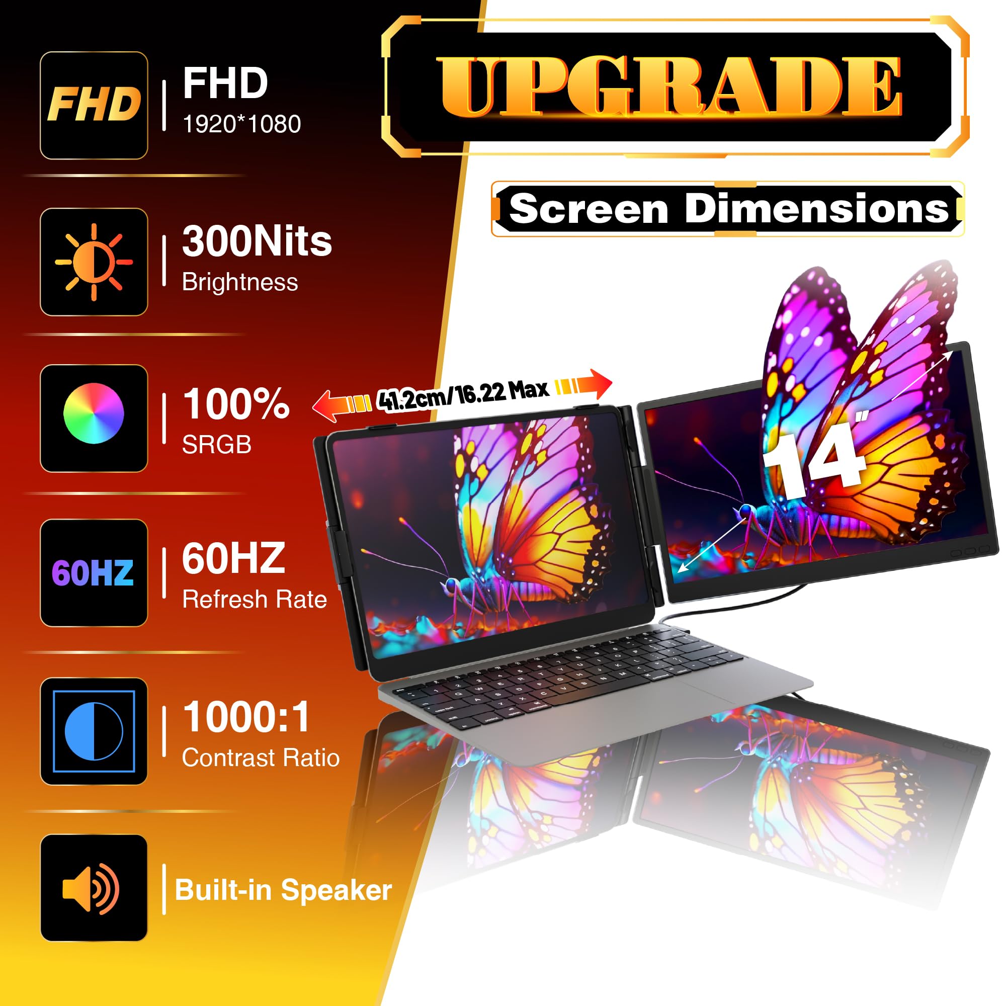 Laptop Screen Extender 0.27" Ultra-Thin, 14" FHD 1080P IPS Lightweight Dual Portable Monitor, USB-C/HDMI Plug & Play for 13-17" Laptops, Travel screen compatible with Windows/Mac/Chrome/Switch/Android — view 3
