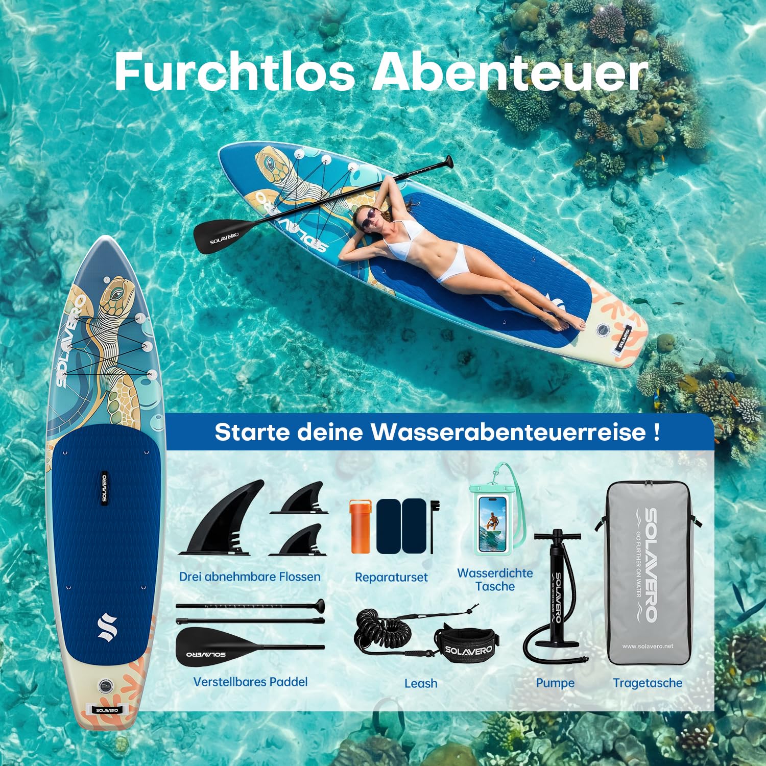 SOLAVERO Aufblasbares Stand Up Paddling Board 335 x 86 x 15 cm, bis 200 kg | SUP Board Set mit Komplettset, Paddel, Finnen & Luftpumpe, PVC Stand Up Paddle für Erwachsene, Familien und Anfänger