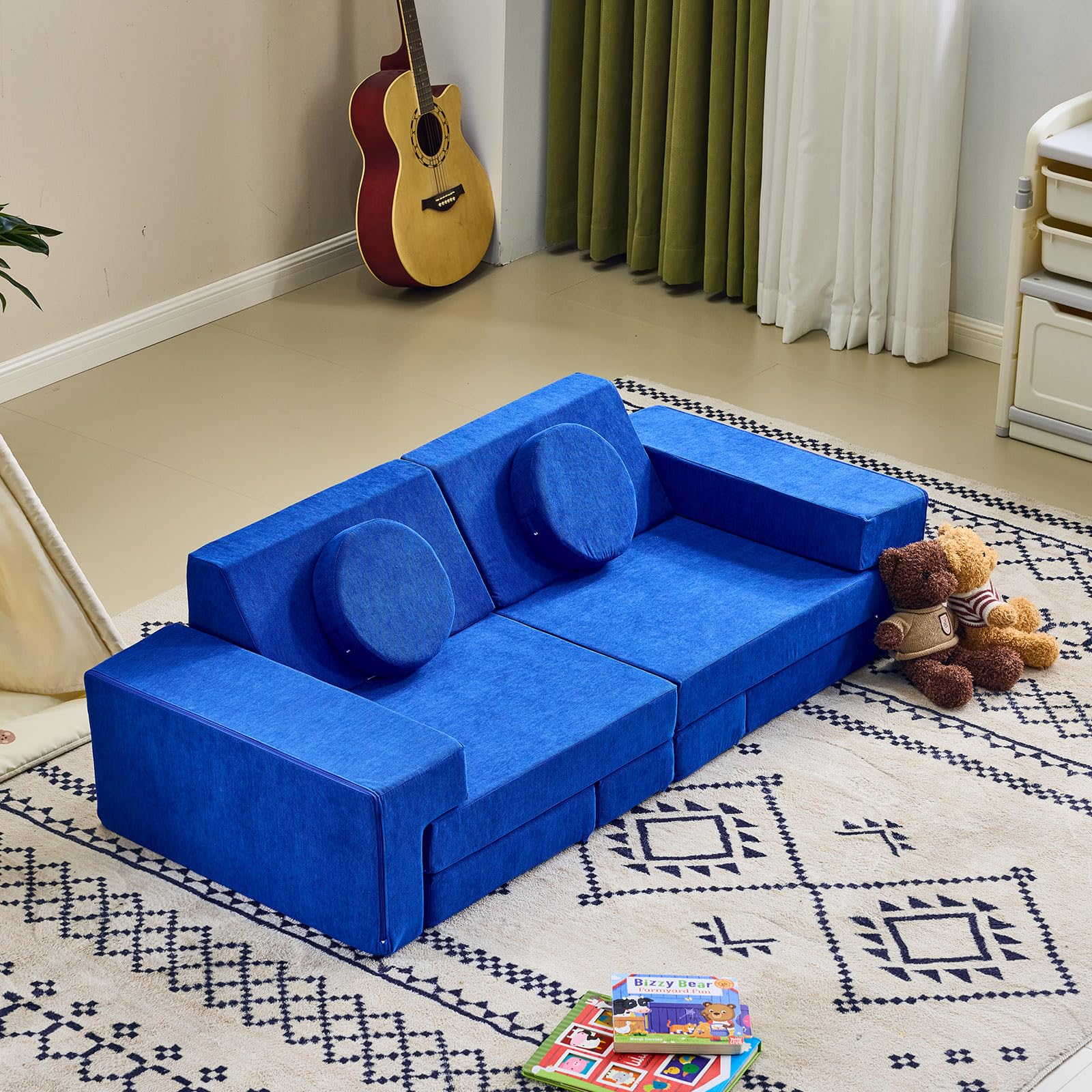 LALAHO Canape pour Enfant Modulaire，Chauffeuse 2 Places，Chauffeuse & Canapé Convertible Enfant，Velours Côtelé，Librement Combinable，pour Chambre d'enfant, Salle de Jeux，Chambre à Coucher（Bleu）