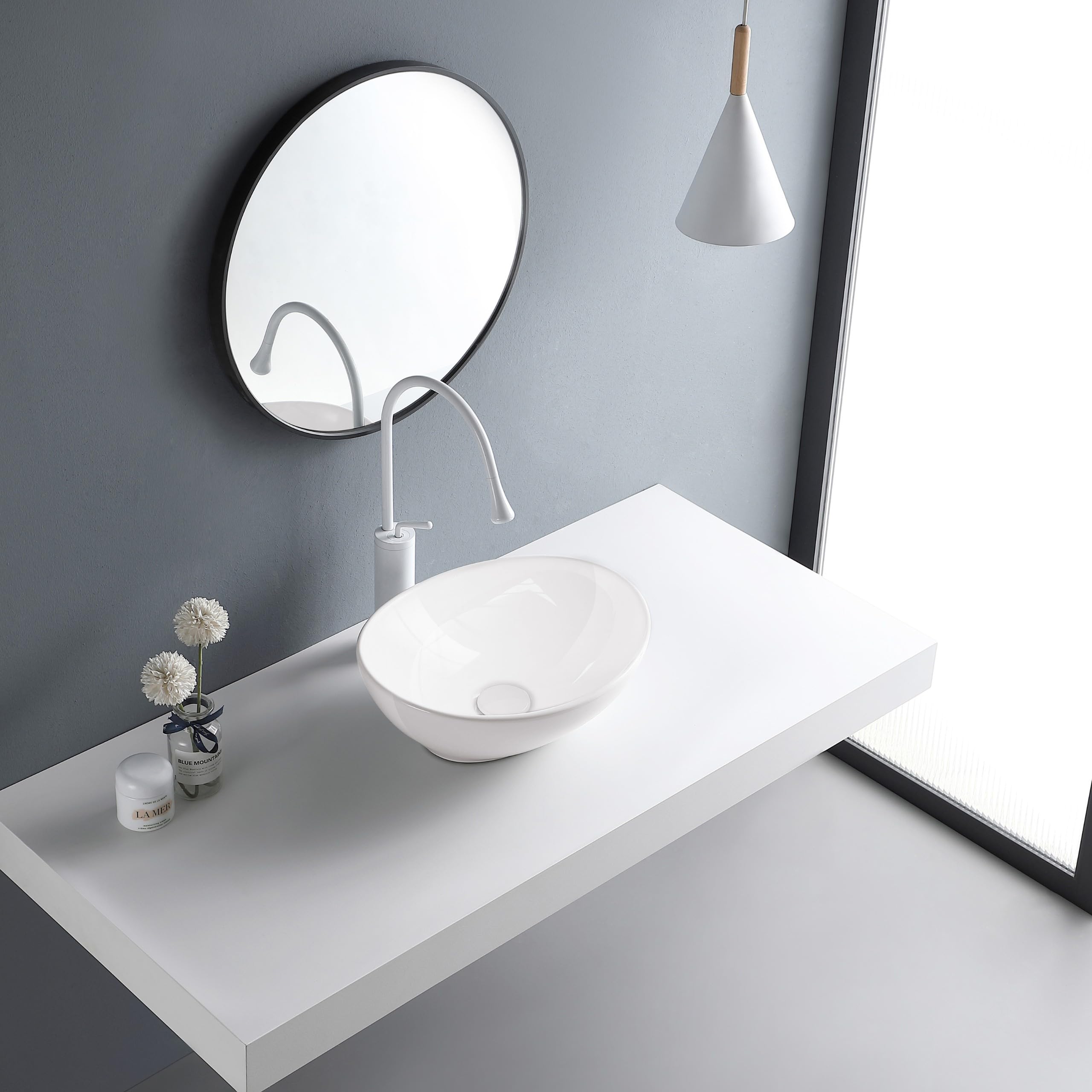AQUAUNO GOYA Lavabo Ovalado de Cerámica Blanca 42 x 33 cm sin Orificio para Grifo y Rebosadero para Baño y Aseo de Invitados