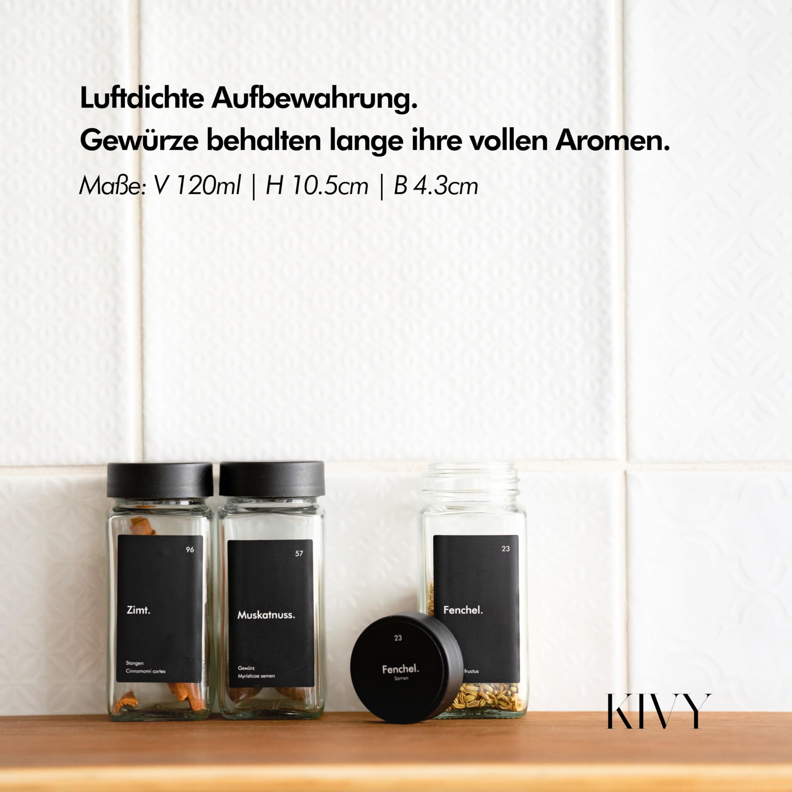 KIVY Barattoli per Spezie Con Inserto per Spargere [24 x 120 ml] + 240 Etichette Impermeabili - Set Portaspezie Con Coperchio in Legno