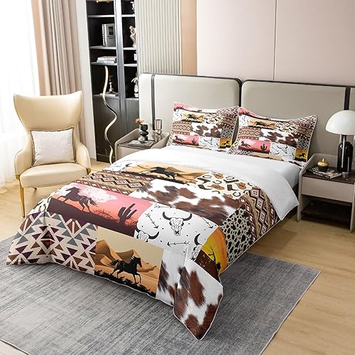 Miniatura 2 de Juego de funda de edredón de vaquero occidental, 100% algodón, para niños y niñas, con estampado de calavera de toro, caballo y calavera, juego de