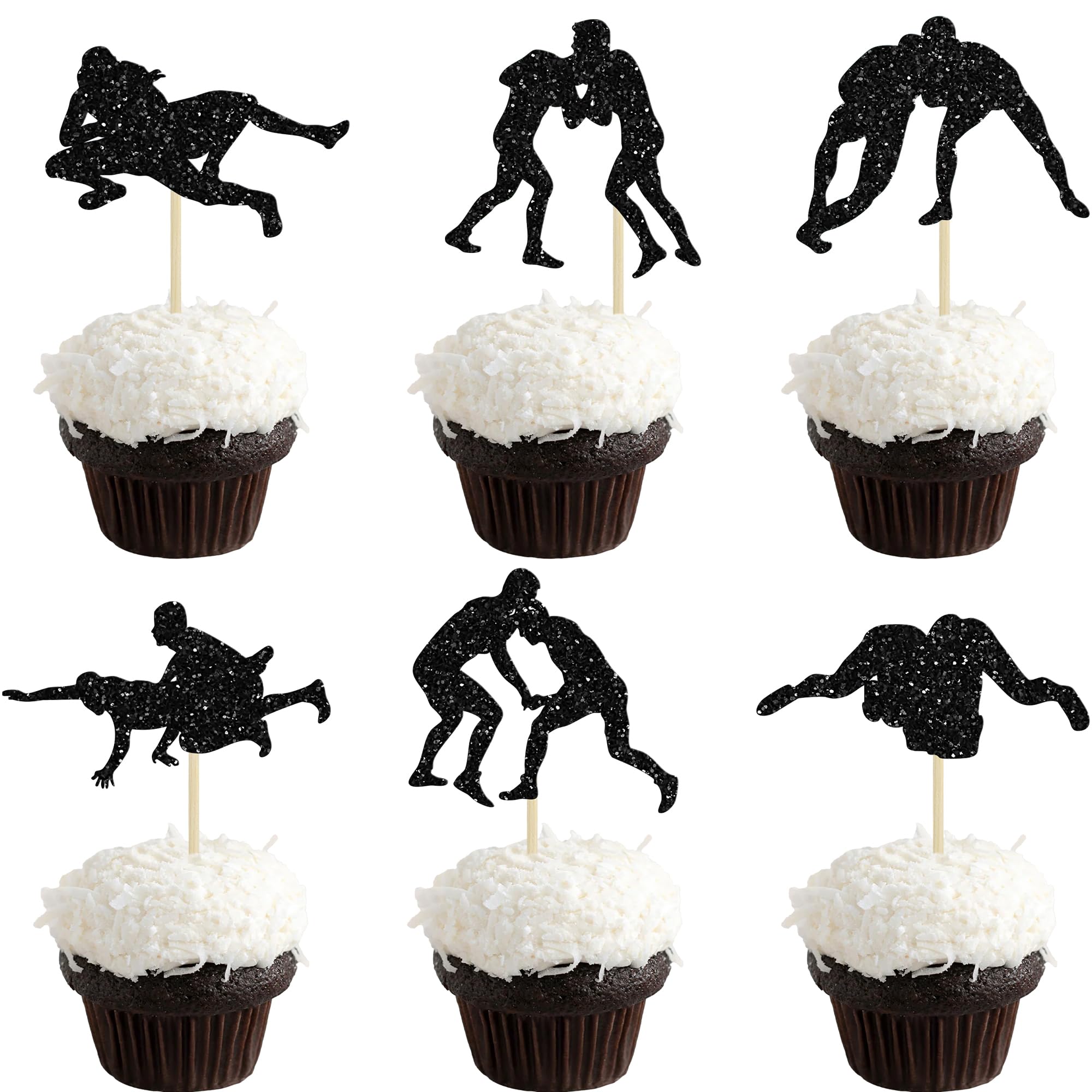 Ephlyn 30Pcs Wrestling Cupcake Toppers Glitter Wrestler Cupcake Picks Wrestling Birthday Party Decorations for Sport Theme Boys Men Birthday Party Cake Decorations Supplies Black