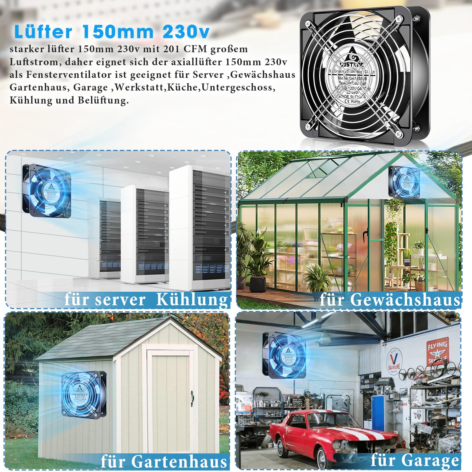 Ventola, 230 V, 150 mm, x 50 220 doppio cuscinetto a sfera 15050, di raffreddamento assiale, CA 240 senza spazzole, 201CFM, per postazione lavoro, garage, ventilazione industriale, scarico