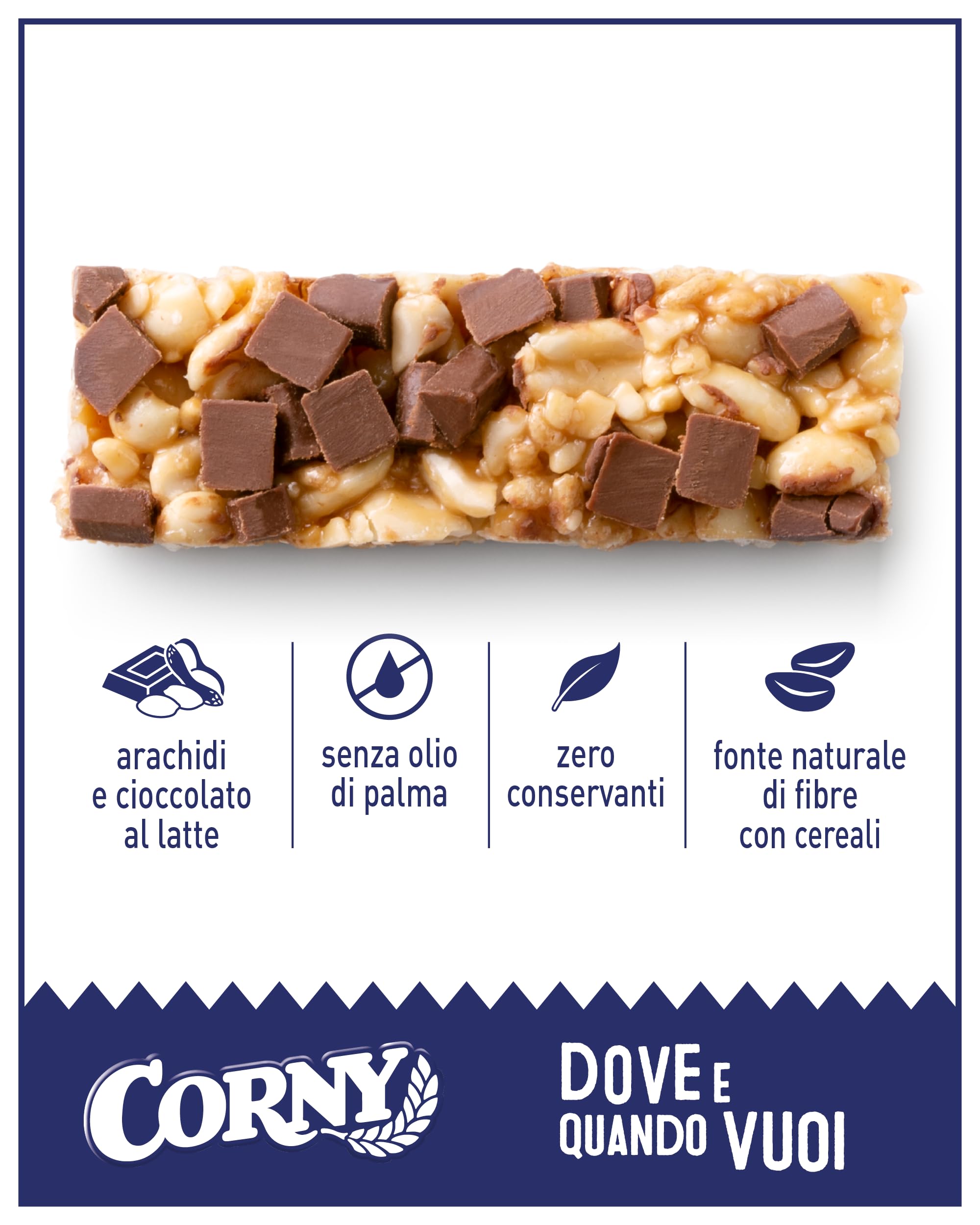 Corny Nuts Barrette Arachidi e Cioccolato al Latte, Senza Olio di Palma, Fonte di Fibre, 4 Barrette da 24g, Confezione da 10 Scatole