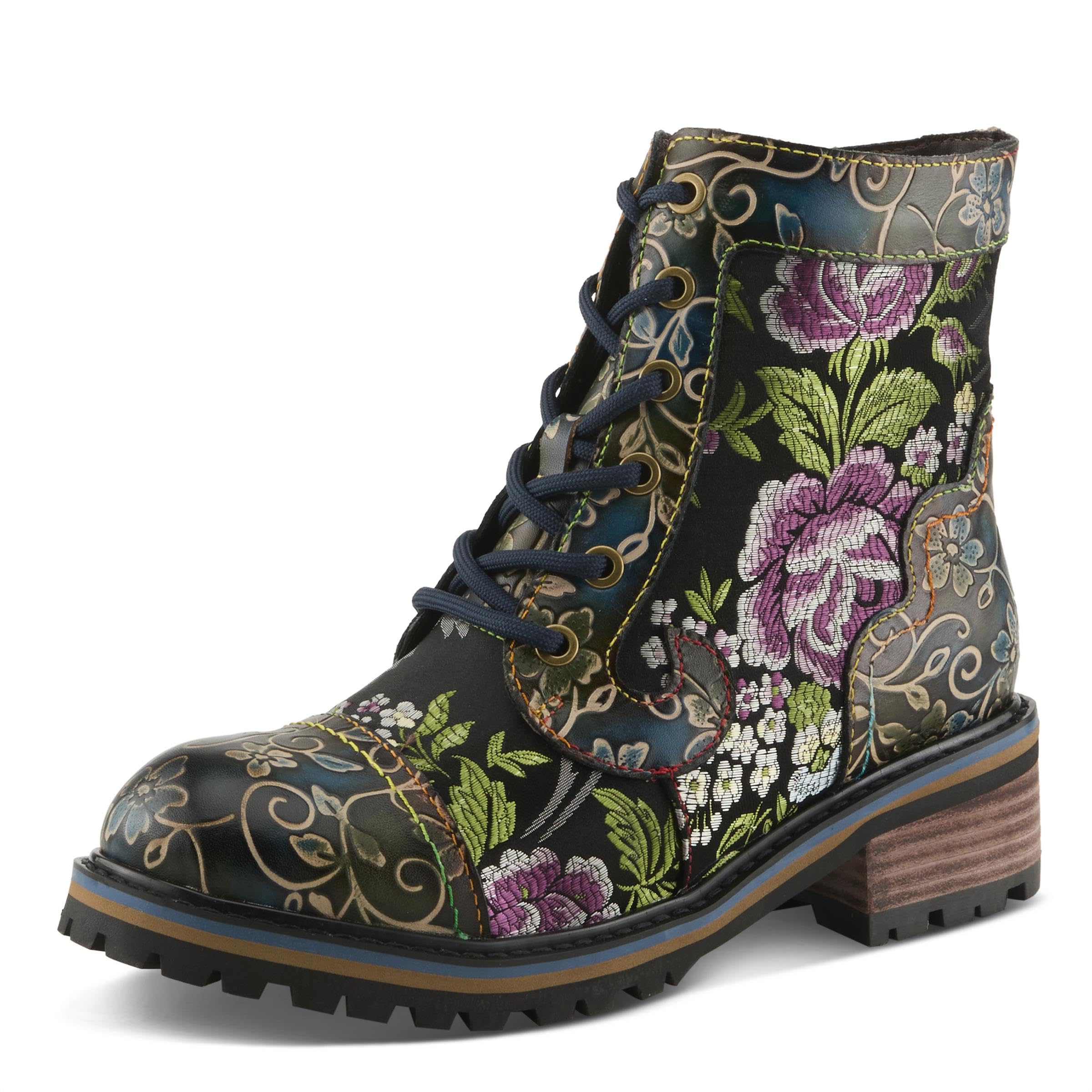 Spring Step L'Artiste Fantastic Booties for Women - Floral Hand Painted Womens Ankle Boots Low Heel - Everyday Wear Leather and Textile Western