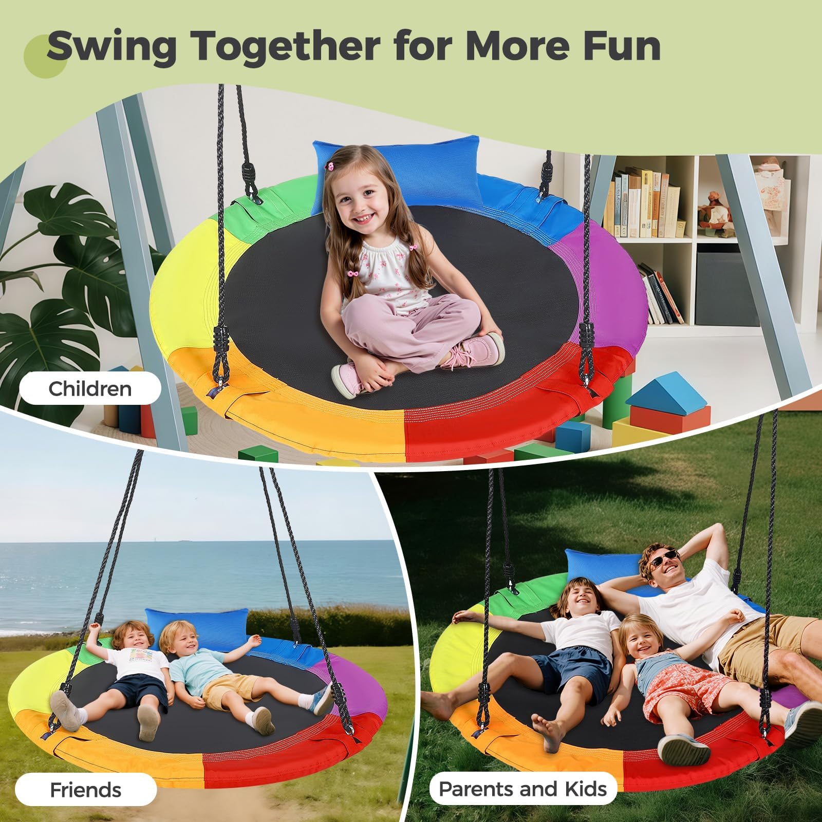 120CM Nestschaukel mit Kissen, Kinderschaukel mit 120-177 cm höhenverstellbarem Seil, Baumschaukel bis 300 kg belastbar für Kinder & Erwachsene, Schaukel für Indoor & Outdoor