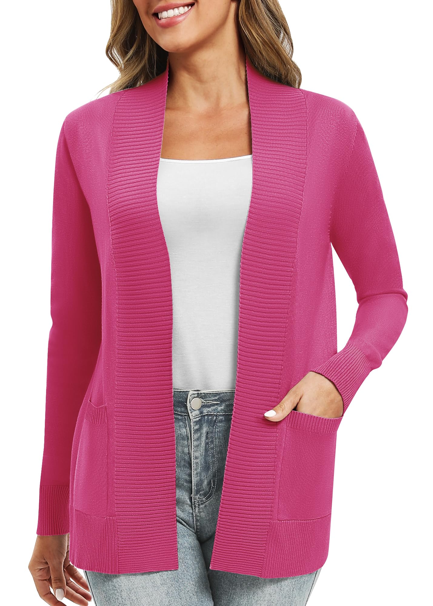EXCHIC Femmes Décontractée Manche Longue Tricoté Cardigan Poids Léger À l'aise Avant Ouvert Manteau Chandails Longs avec Poches