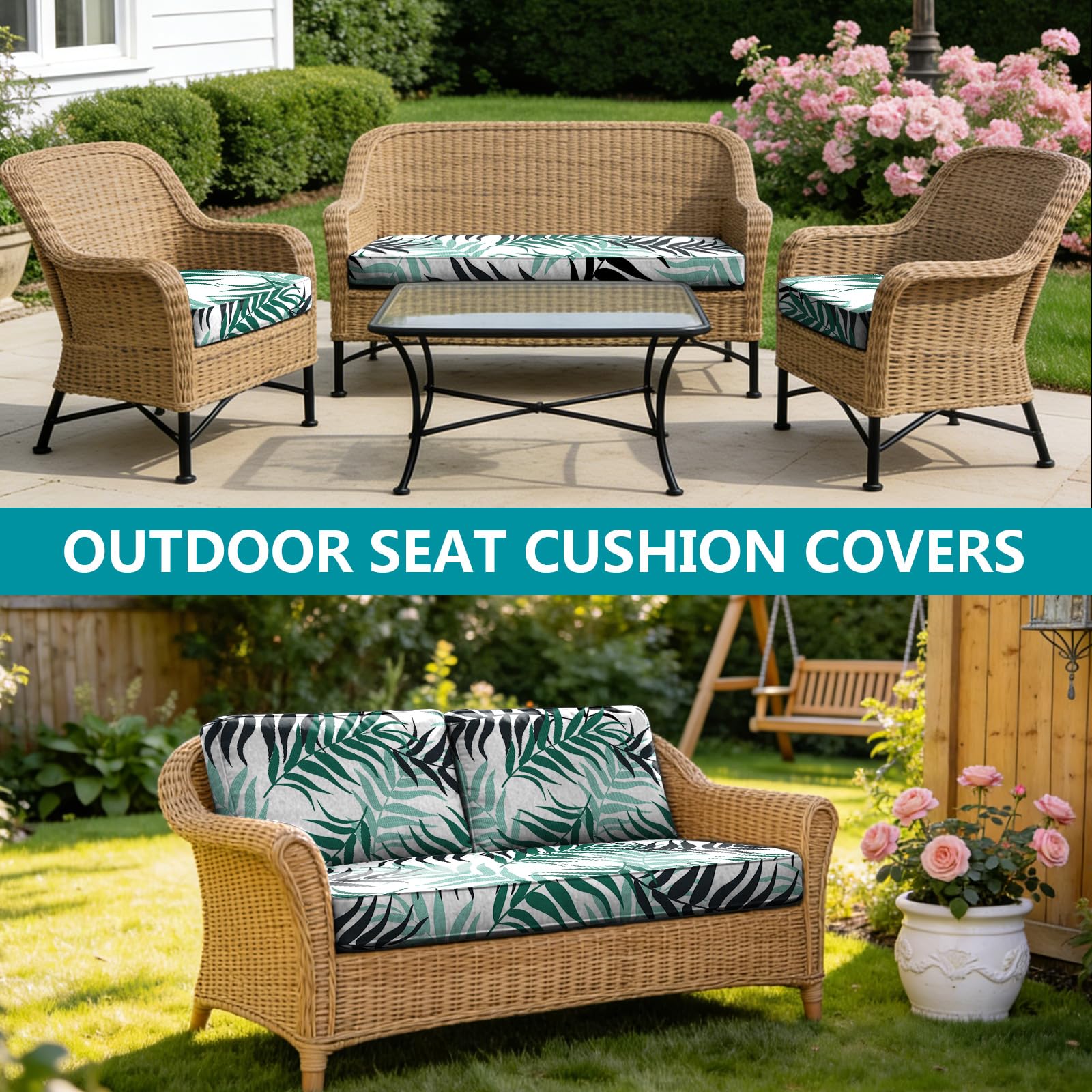 SYLC Set of 3 Garden Outdoor Cushion Covers, Waterproof Sofa Seat Covers with Zip, Seat Covers for Living Room Patio (Green Leaf, 2 x 50 x 5 cm + 1 x 107 x 46 x 8 cm) - 2