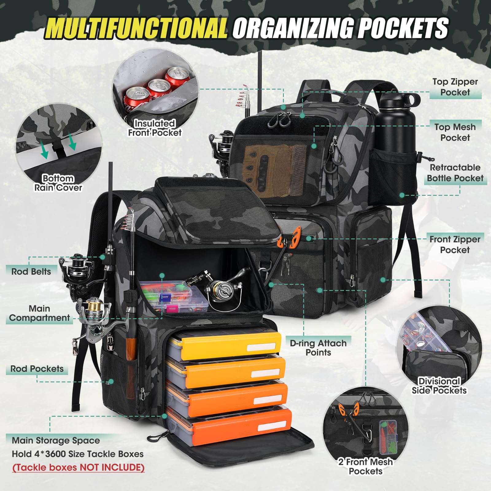 RAINSMORE Mochila de Pesca 45L con Soporte para Cañas y Funda de Lluvia, Impermeable Bolsa de Aparejos Gran Capacidad para Pescadores, Camuflaje