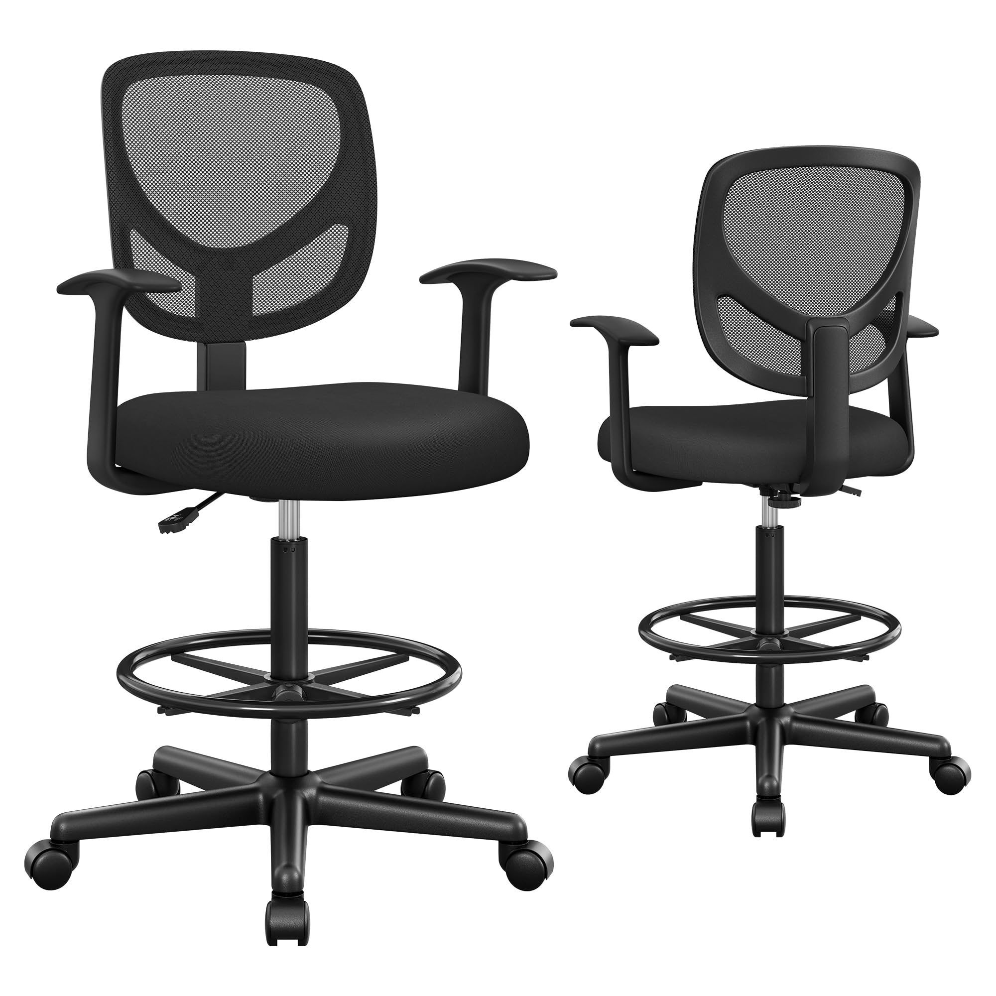 SONGMICS Drafting Stool Chair with Armrest, Mesh Office Chair, Ergonomic Painting Chair with Height Adjustable Footrest, 360?Swivel Task Stool, For Standing Desk, Black OBN25BKUK