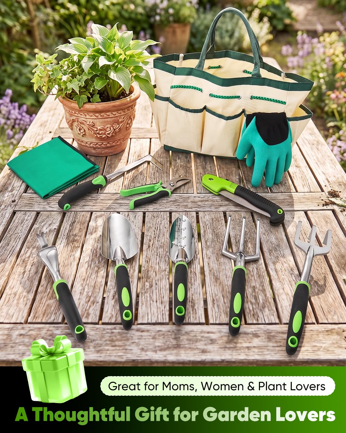 Juego de herramientas de jardín - Kit de herramientas de jardinería de aluminio con asas antideslizantes, guantes de jardinería y bolsa de almacenamiento para plantar, cavar, cuidar el suelo, macizos