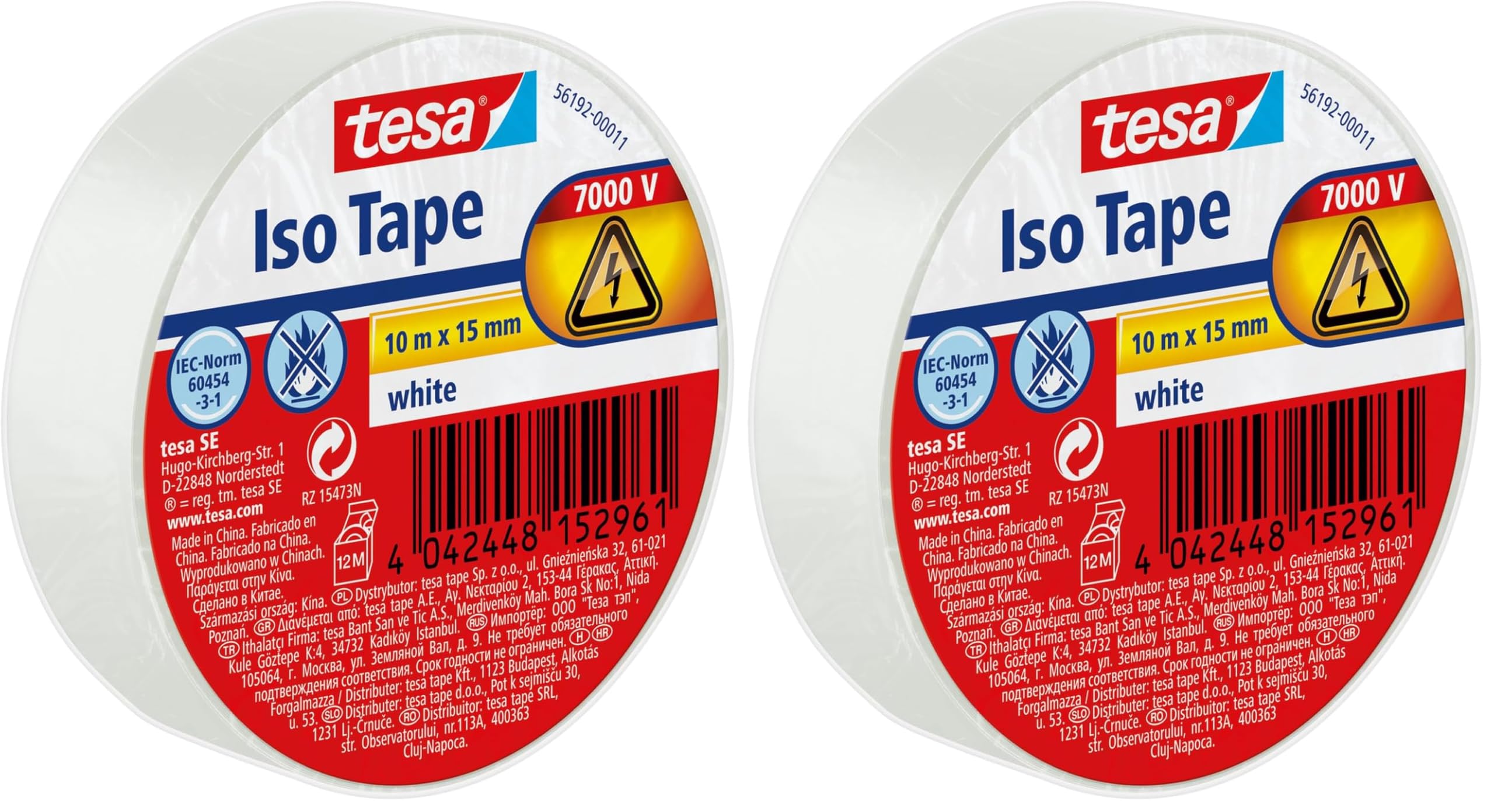 tesa Isolierband - Selbstklebendes Isolierband, hitzebeständig - Zum Isolieren, Reparieren und Bündeln - 10 m - Weiß (Packung mit 2)