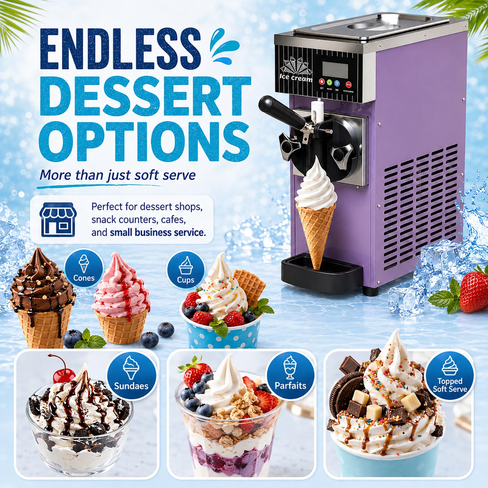 Machine à Glace Italienne de Comptoir - 450 W, Bac 2,5 L, Écran LCD, Nettoyage Auto pour Boutiques Dessert White