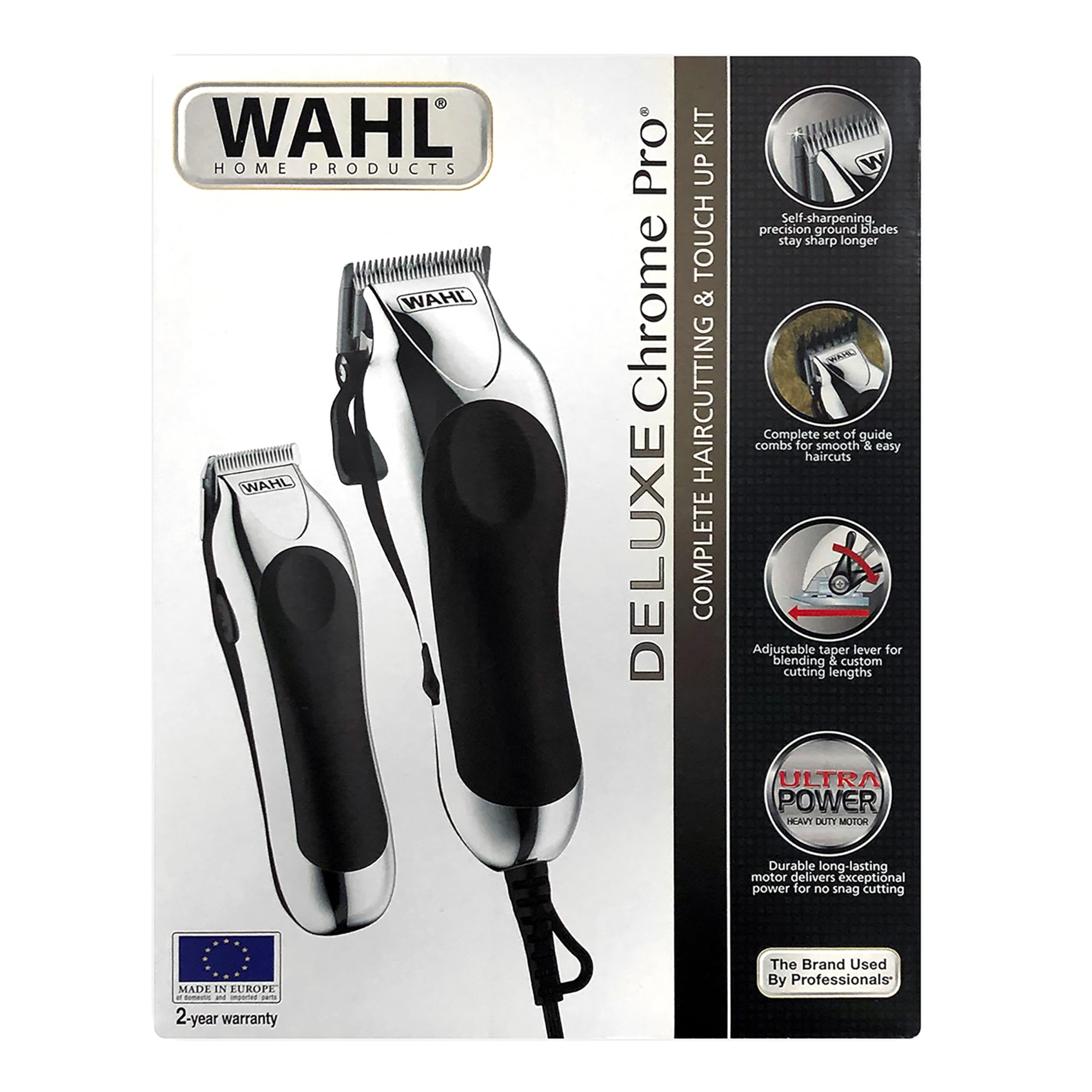 WAHL Chrome Pro Deluxe cortadora de pelo eléctrica con cable y palanca de ajuste, kit completo con recortadora a pilas, capa, espejo, tijeras, 10 peines guía, pinzas para el pelo
