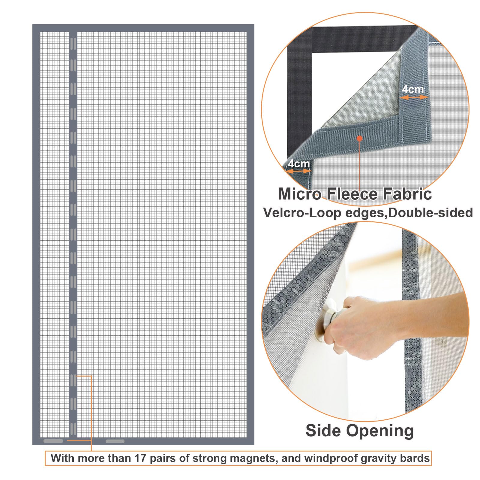 Risareyi Mosquitera Puerta Magnetica 60x210cm, Apertura Lateral Cortina Magnética Puerta Exterior Corredera para Balcon, Mosquitera con Imanes de Malla de Fibra de Vidrio Transpirables, Gris - 3