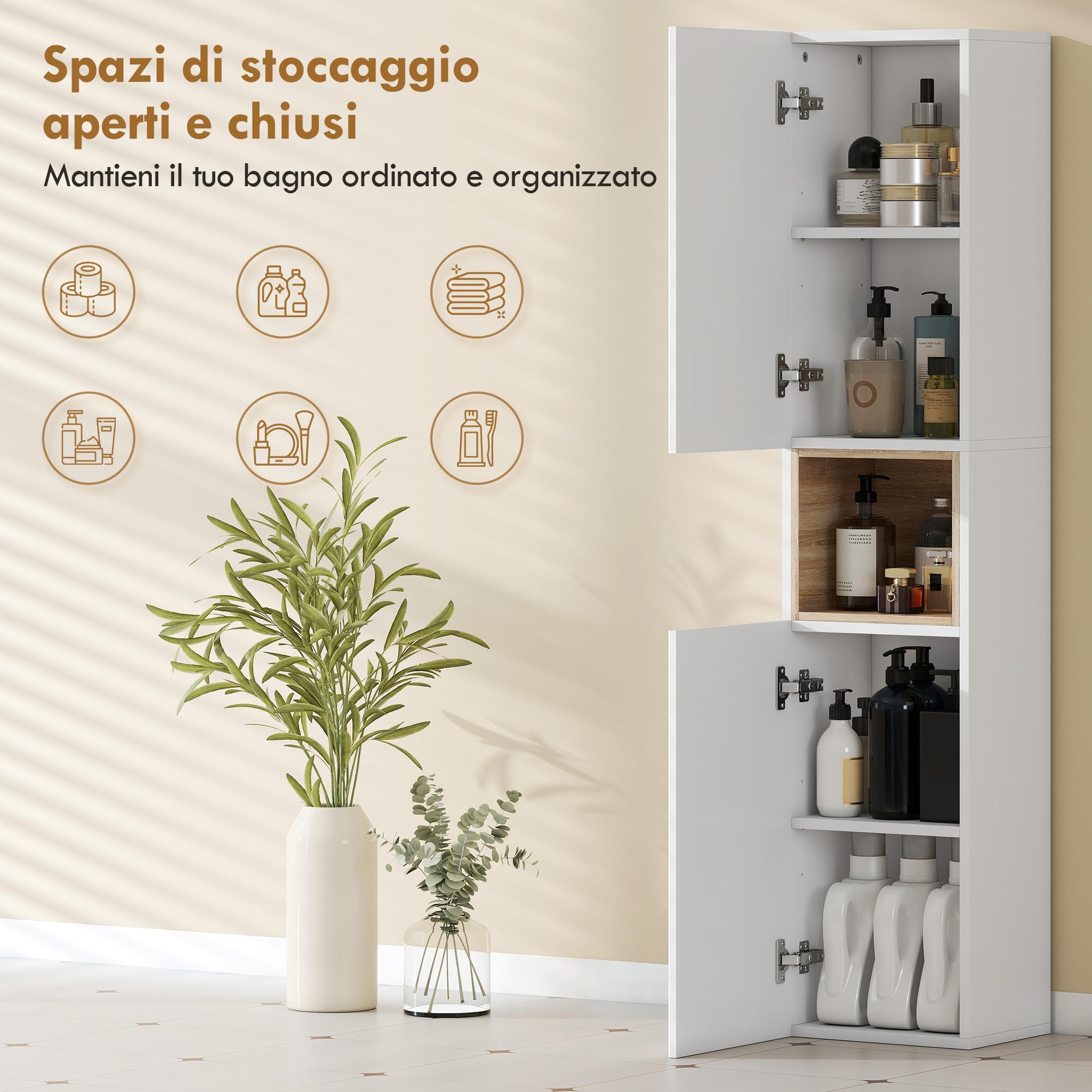 HOMCOM Colonna Bagno con 2 Armadietti e Ripiano Aperto, Mobile Bagno con Ripiani Regolabili su 3 Livelli per Soggiorno, 30x24x140 cm, Bianco e color Legno