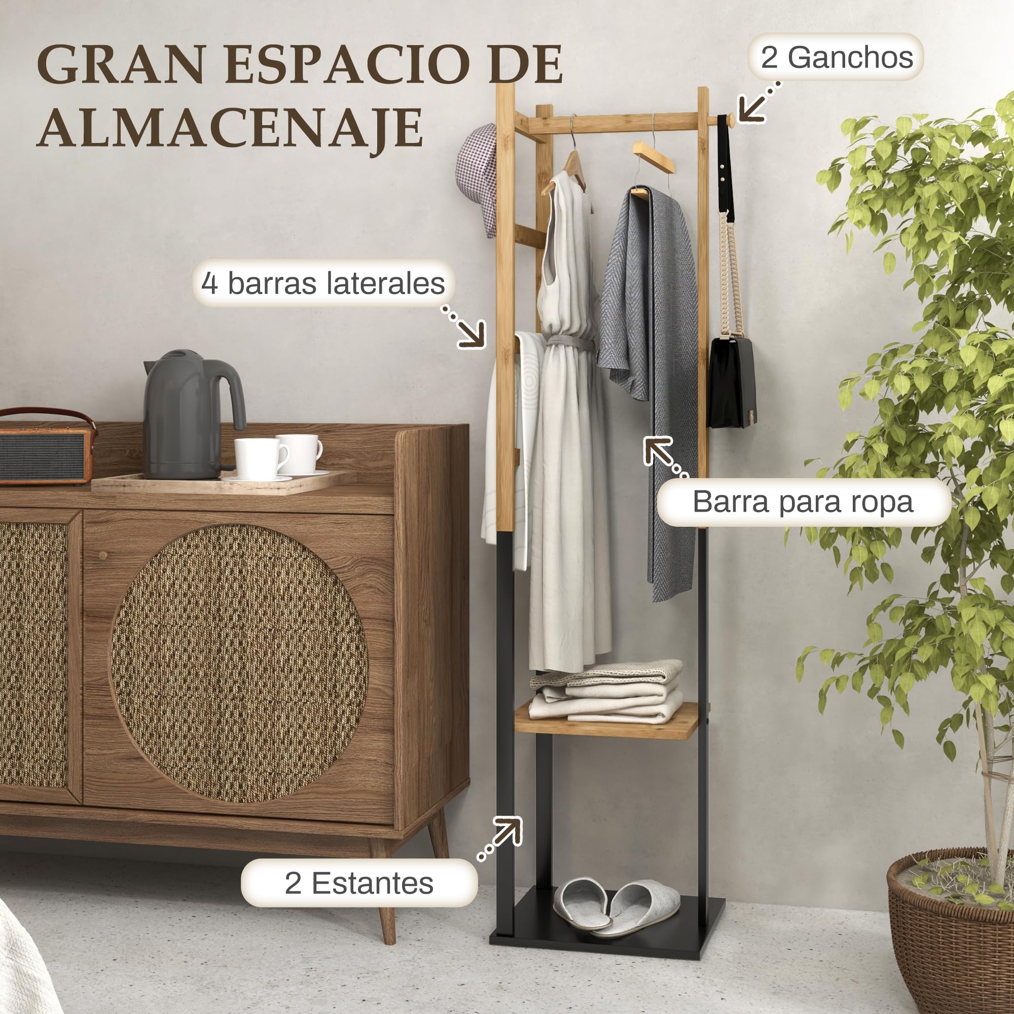 HOMCOM Perchero de Pie de Bambú con 2 Estantes 2 Ganchos Natural y Negro | 5 Barras, Perchero de Entrada Recibidor, Estructura de Acero, para Colgar Ropa, Pasillo Sala de Estar Dormitorio