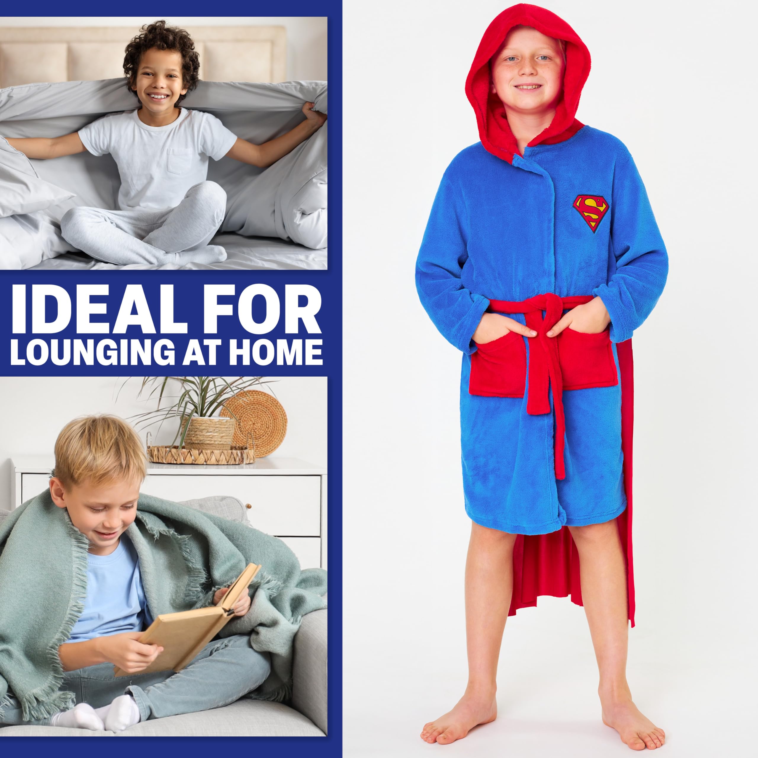 DC Comics Superman Peignoir avec Cape Enfant Garçon, 5-14 Ans, Peignoir Capuche en Polaire Douce, Super Héros Cadeau Garçon
