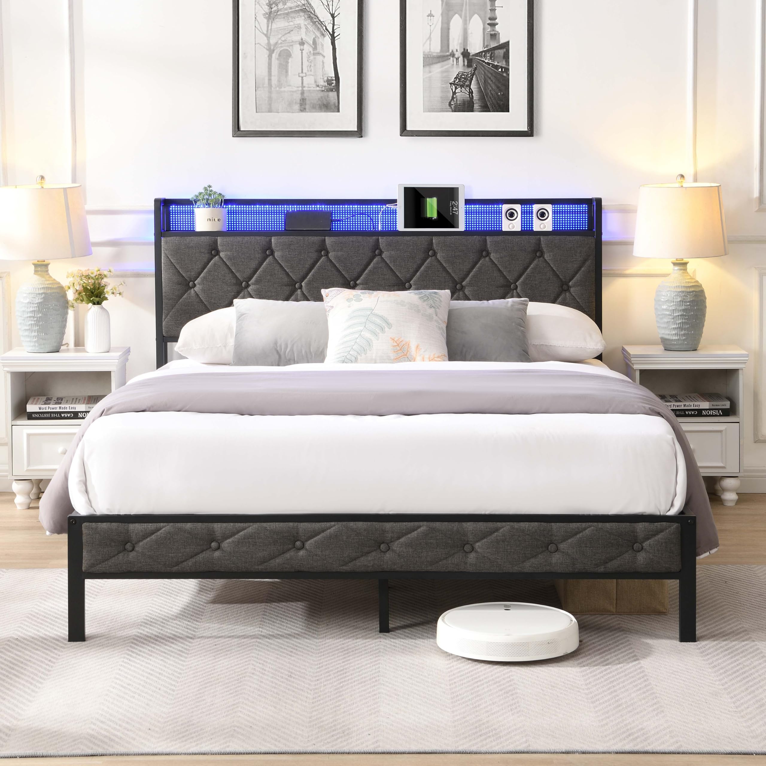 Grey Full Size Bed Frame with Storage Headboard Metal Upholstered Platform Bed with Charging Station and LED Lights
