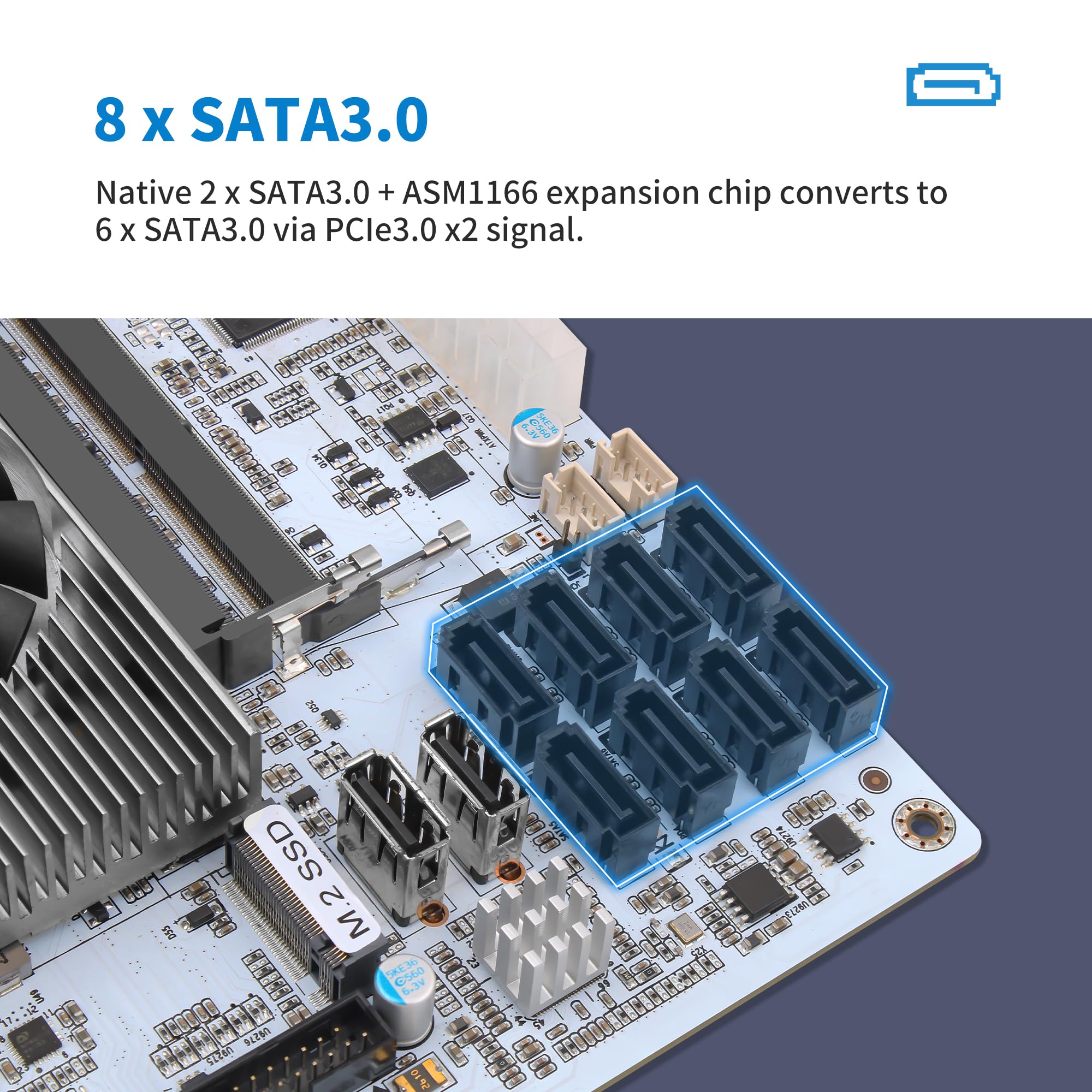 CWWK NAS płyta główna 8 Bay Core i5 8265U 4C/8T, mini ITX PC płyta główna biała M11, 2 x NVMe PCIe3.0 x2, Dual 2.5GbE i226V LAN, DDR4 NO RAM NO SSD, PCIe x4 Slot, TF, HD+DP