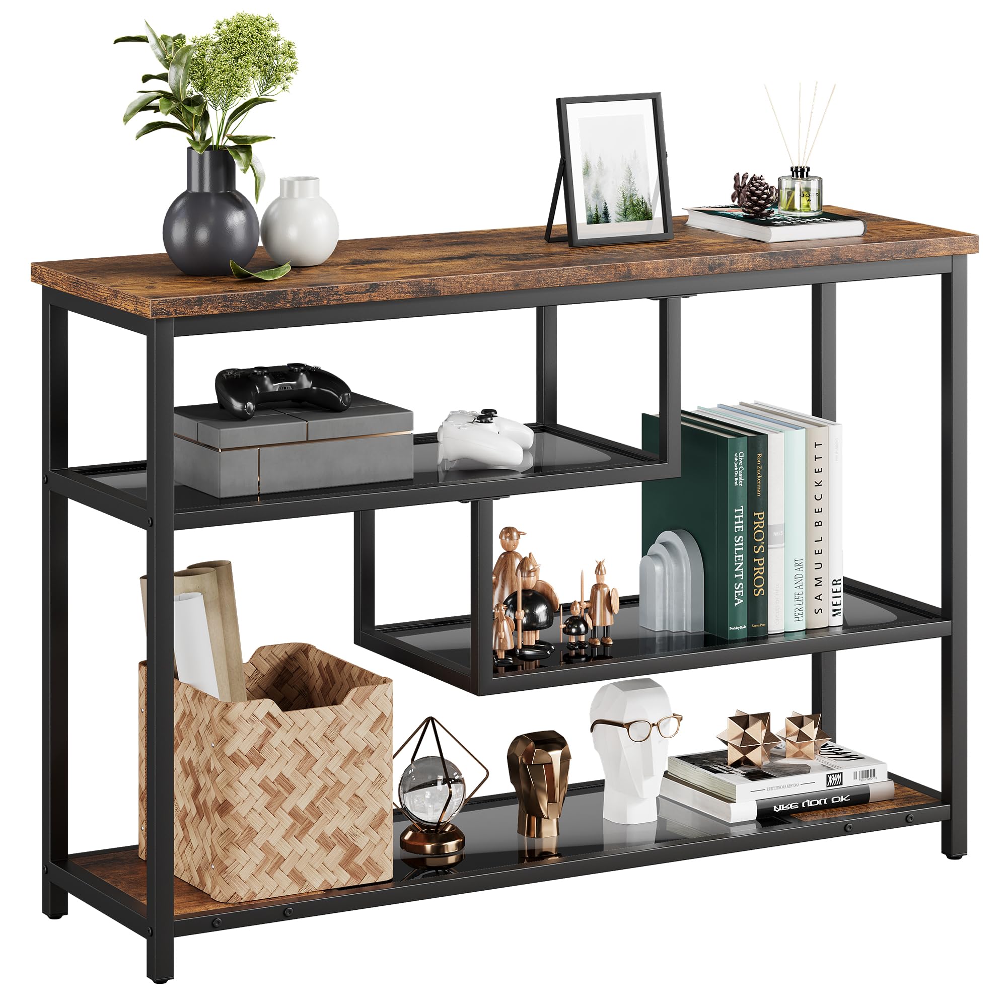 Garvee Mueble de Recibidor, Mesa Consola Estrecha de 4 Niveles, Estilo Industrial para Pasillo, Salón, Recibidor y Detrás del Sofá, Color Marrón Rústico, 100 * 30 * 75 cm