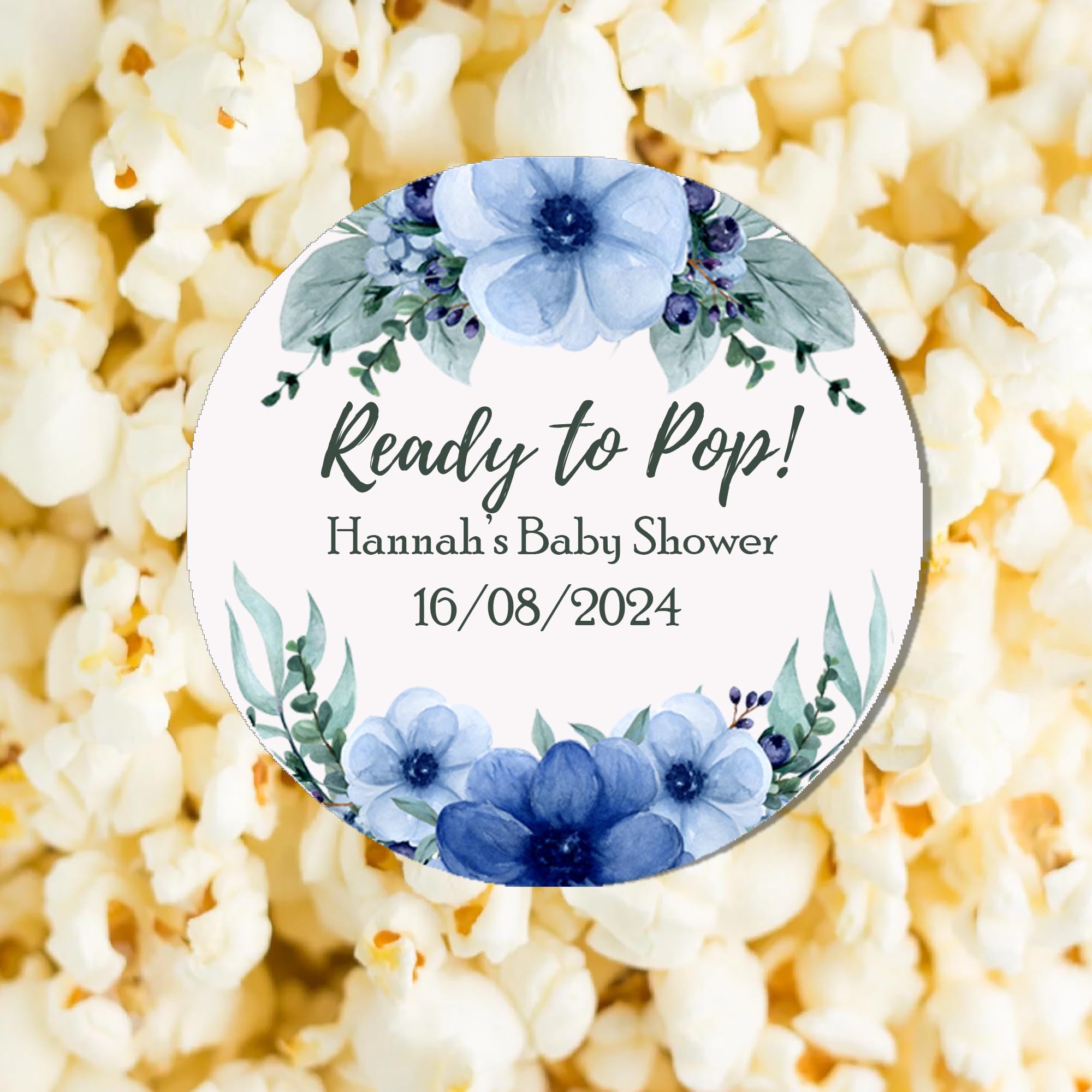 Treasured Forever Limited Navy Personalised Baby Shower Stickers Thank You Popcorn Cone Stickers, Favour Bag Stickers, Ready To Pop, New Born, Gender Reveal - Floral