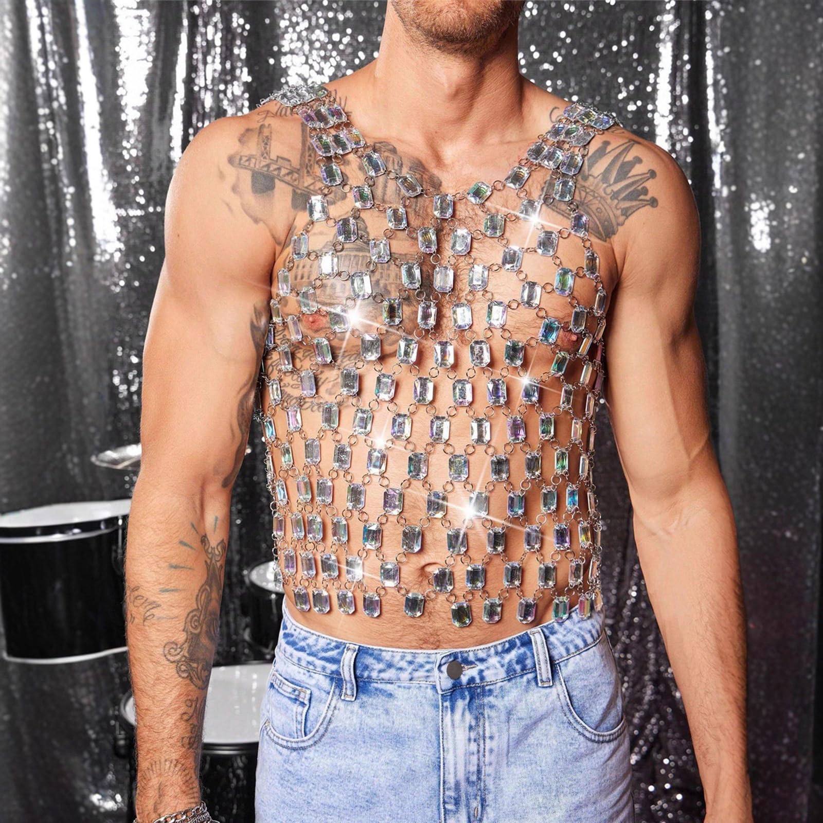 Gilet acrilico fatto a mano unico, abbigliamento casual traspirante per eventi musicali, uomo elegante, lingerie, costume, outfit da festival musicale alla