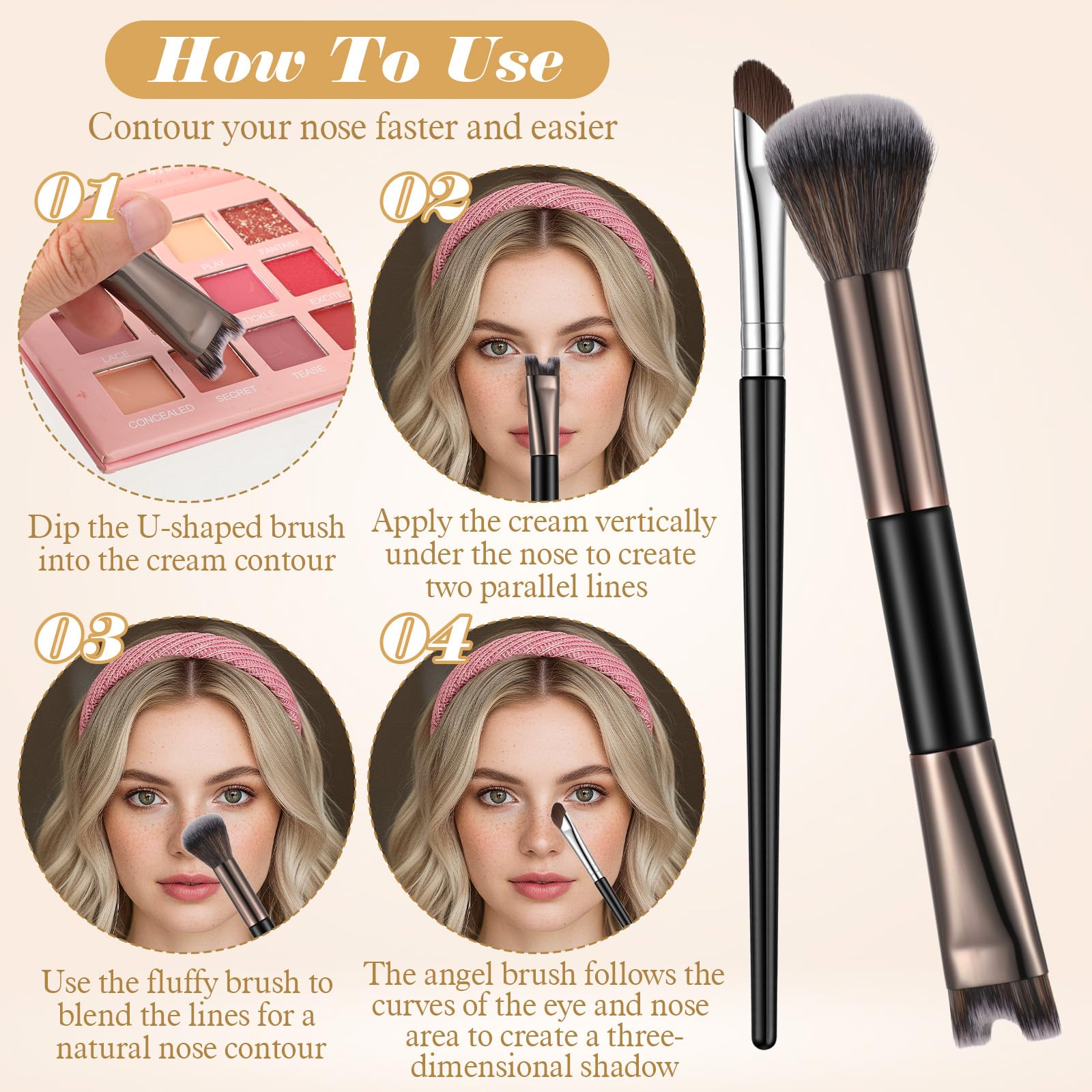 Lot de 2 pinceaux de contour de nez, pinceau 2 en 1 en forme de U et pinceaux moelleux, petit pinceau biseauté pour fard à paupières, double tête, outils de maquillage pratiques pour surligner, blush