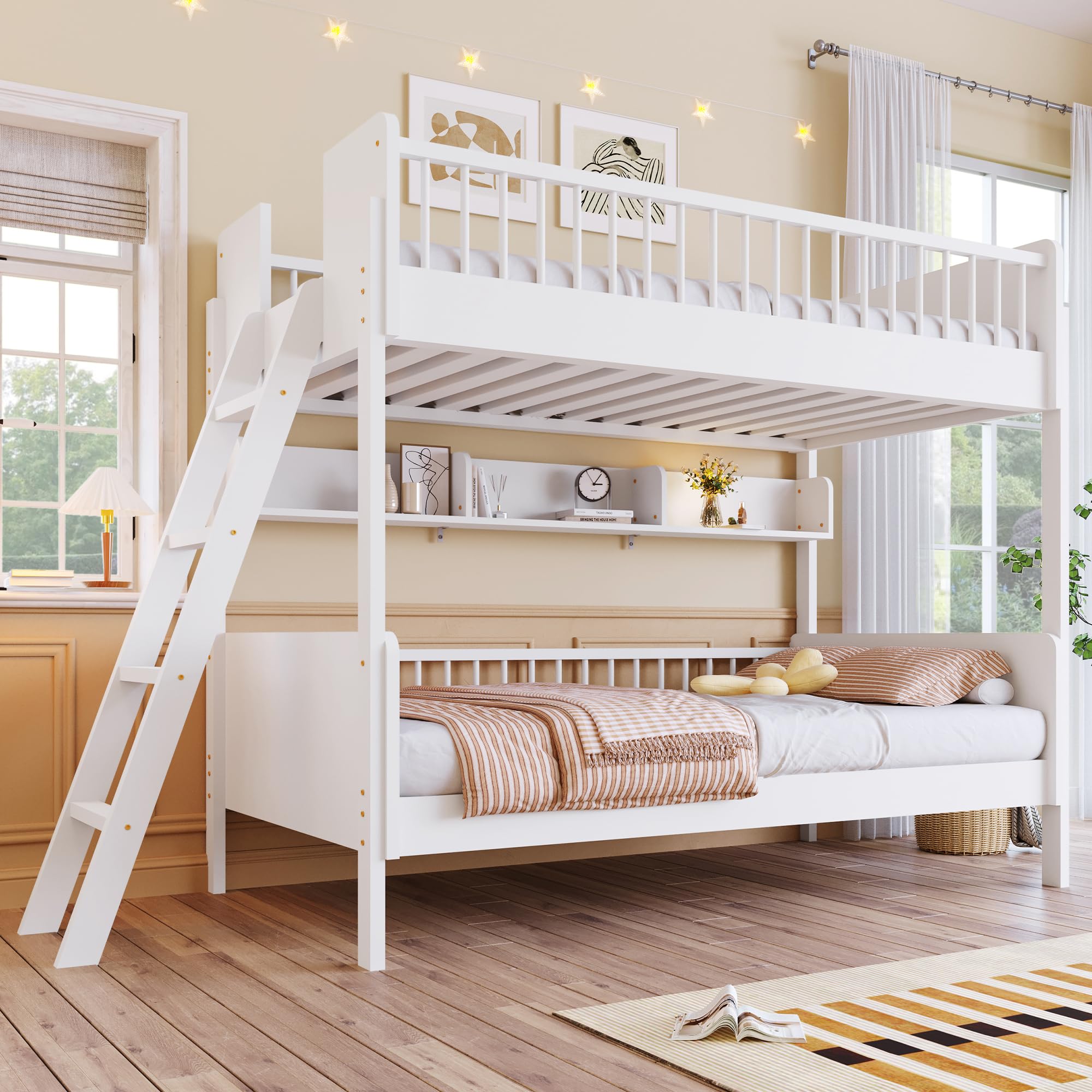 Merax Wooden Twin Over Twin Bunk Bed with 3 Storage Shelves,Ladder can be Changed Left or Right,White