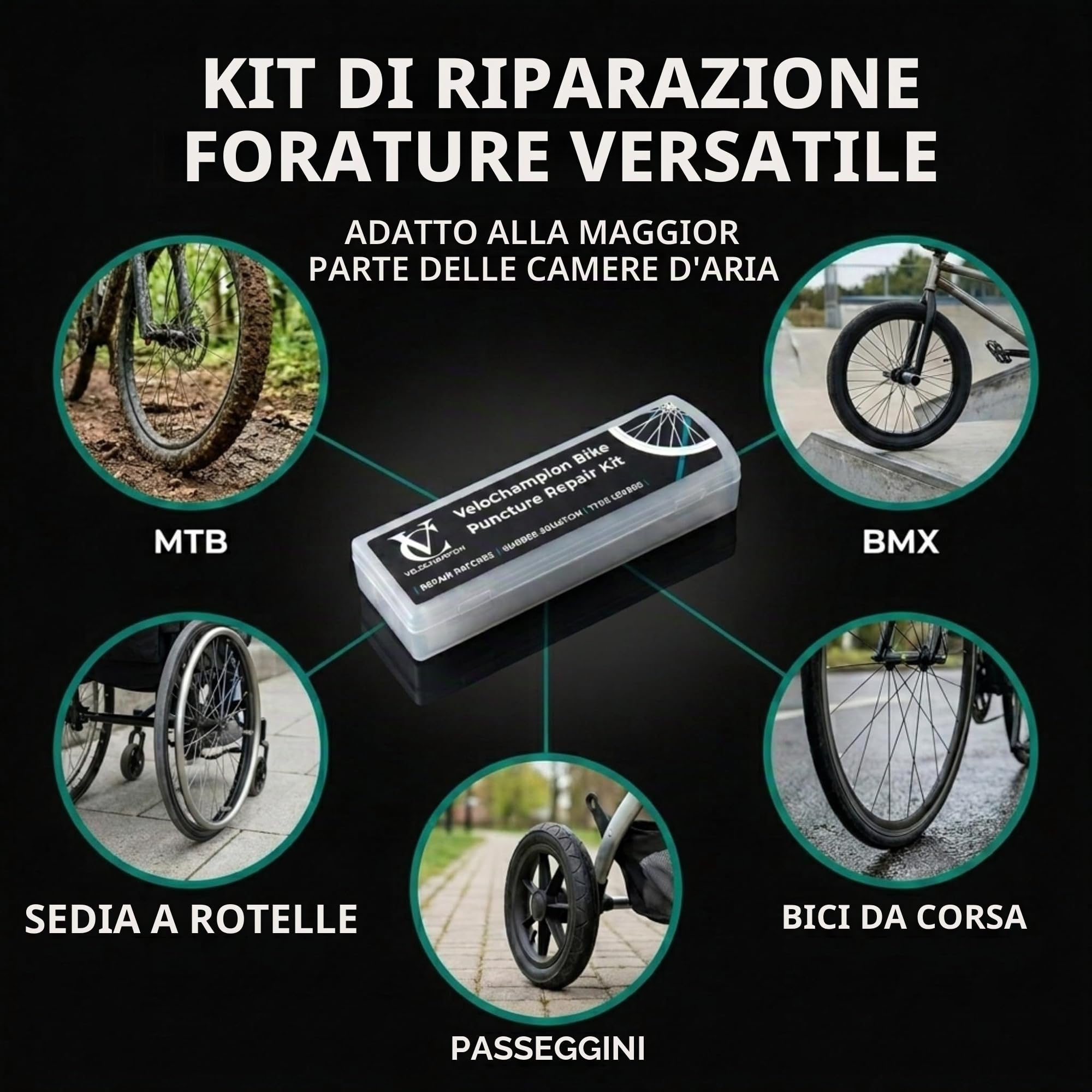 VeloChampion Kit di Riparazione Forature per Bici con Soluzione Vulcanizzante e Custodia Portatile. Per Bici da Strada, MTB e City Bike. Include 11 Toppe di Riparazione e 3 Leve Smontacopertoni.
