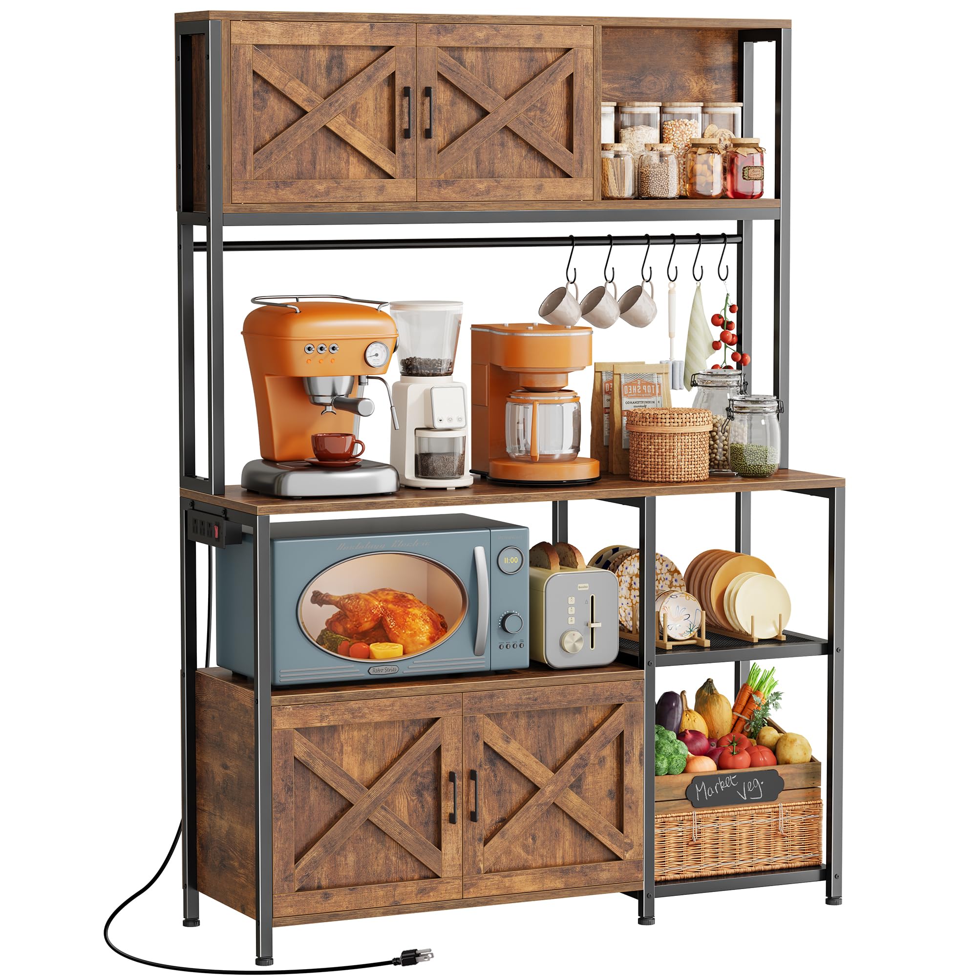 huuger large bakers rack with power outlet, kitchen microwave stand with cabinets, coffee bar table station with storage, 6 s-shaped hooks, mesh shelves, 45 inch wooden top, rustic brown
